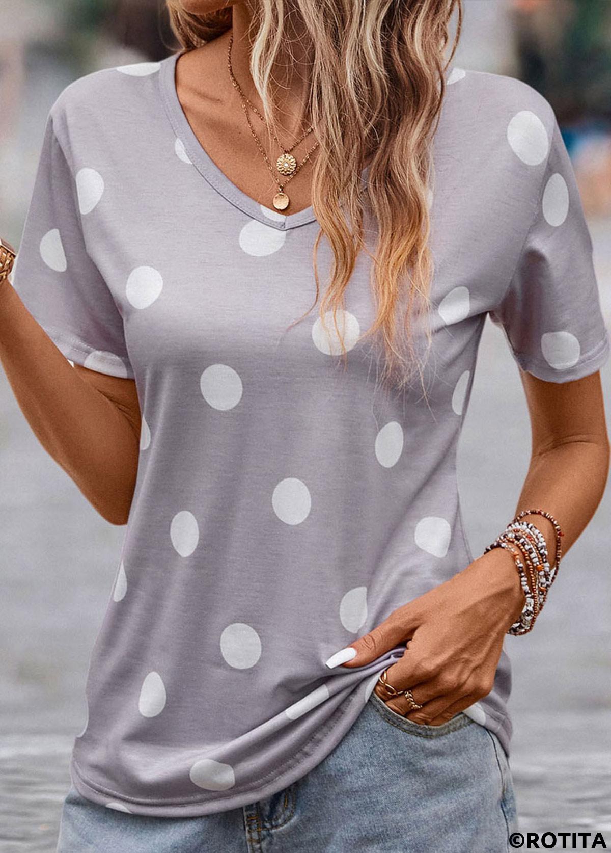 Grey tops,Dot tops,Lightweight Polka Dot Grey V Neck T Shirt