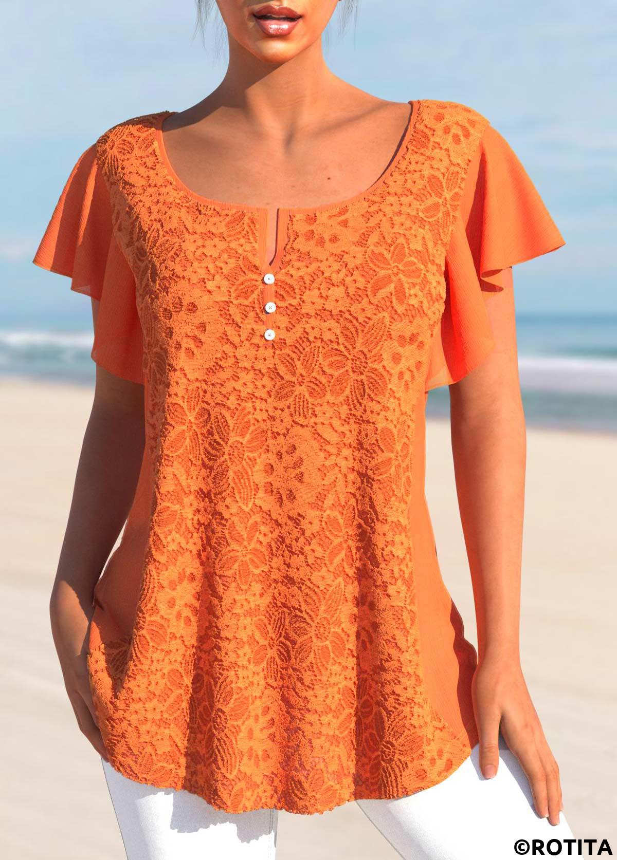 Orange tops,Plain Color tops,ROTITA Lace Orange Split Neck Short Sleeve T Shirt