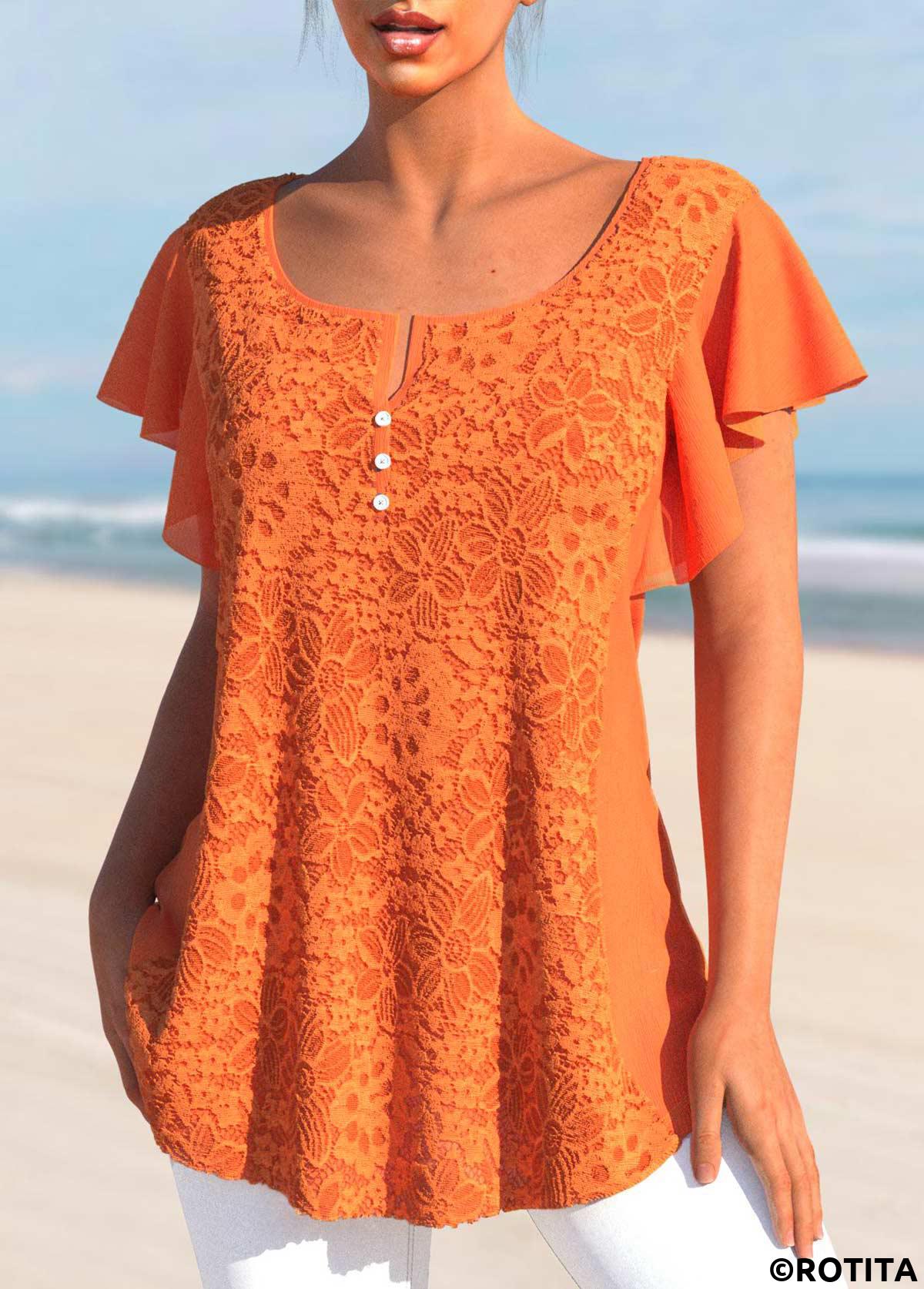 Orange tops,Plain Color tops,ROTITA Lace Orange Split Neck Short Sleeve T Shirt