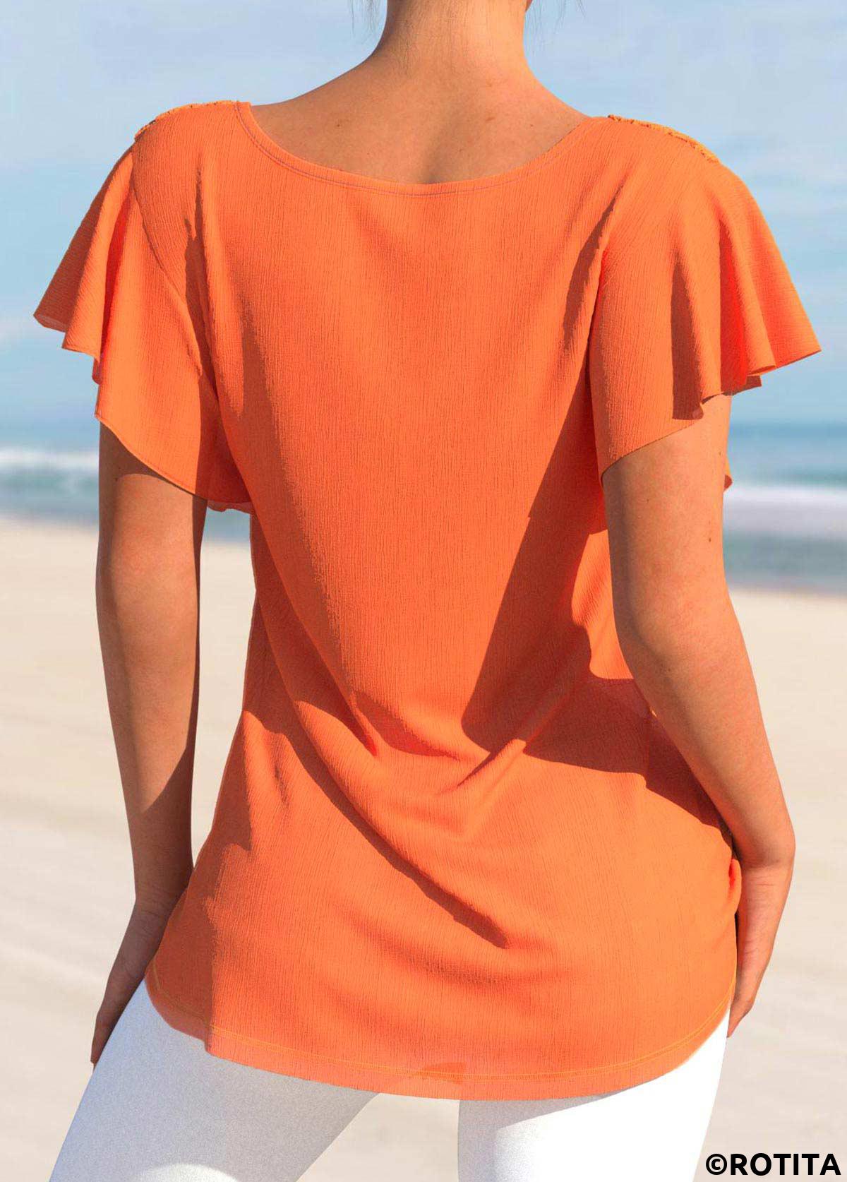 Orange tops,Plain Color tops,ROTITA Lace Orange Split Neck Short Sleeve T Shirt