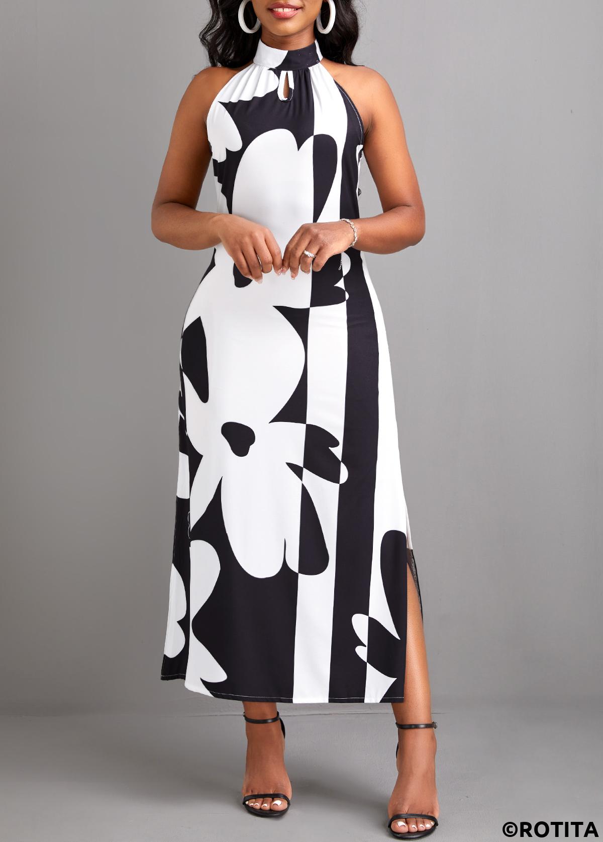 Black dresses,White dresses,Floral dresses,Plants dresses,Geometric dresses,Party dresses,Elegant dresses,ROTITA Split Floral Print Black A Line Maxi Dress
