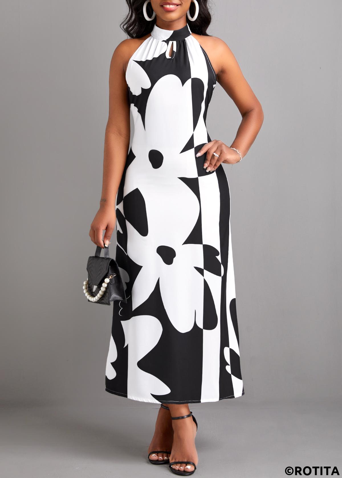 Black dresses,White dresses,Floral dresses,Plants dresses,Geometric dresses,Party dresses,Elegant dresses,ROTITA Split Floral Print Black A Line Maxi Dress