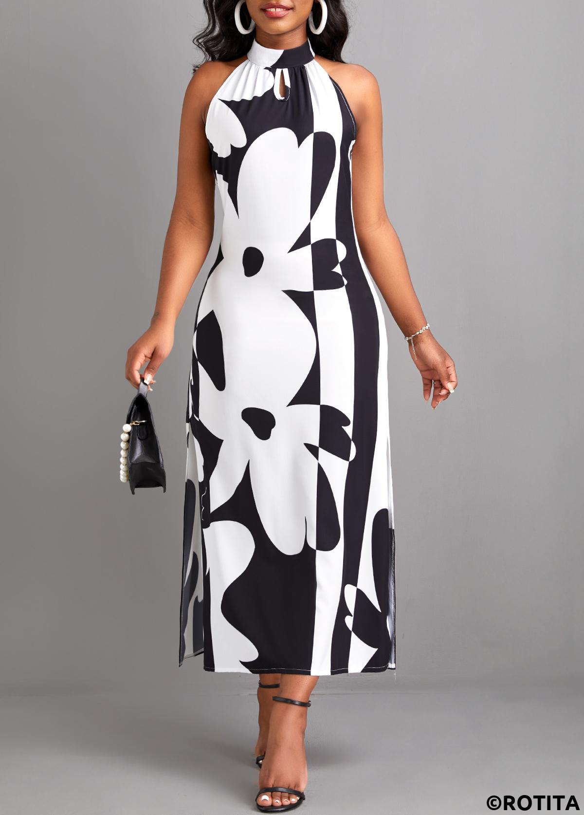 Black dresses,White dresses,Floral dresses,Plants dresses,Geometric dresses,Party dresses,Elegant dresses,ROTITA Split Floral Print Black A Line Maxi Dress