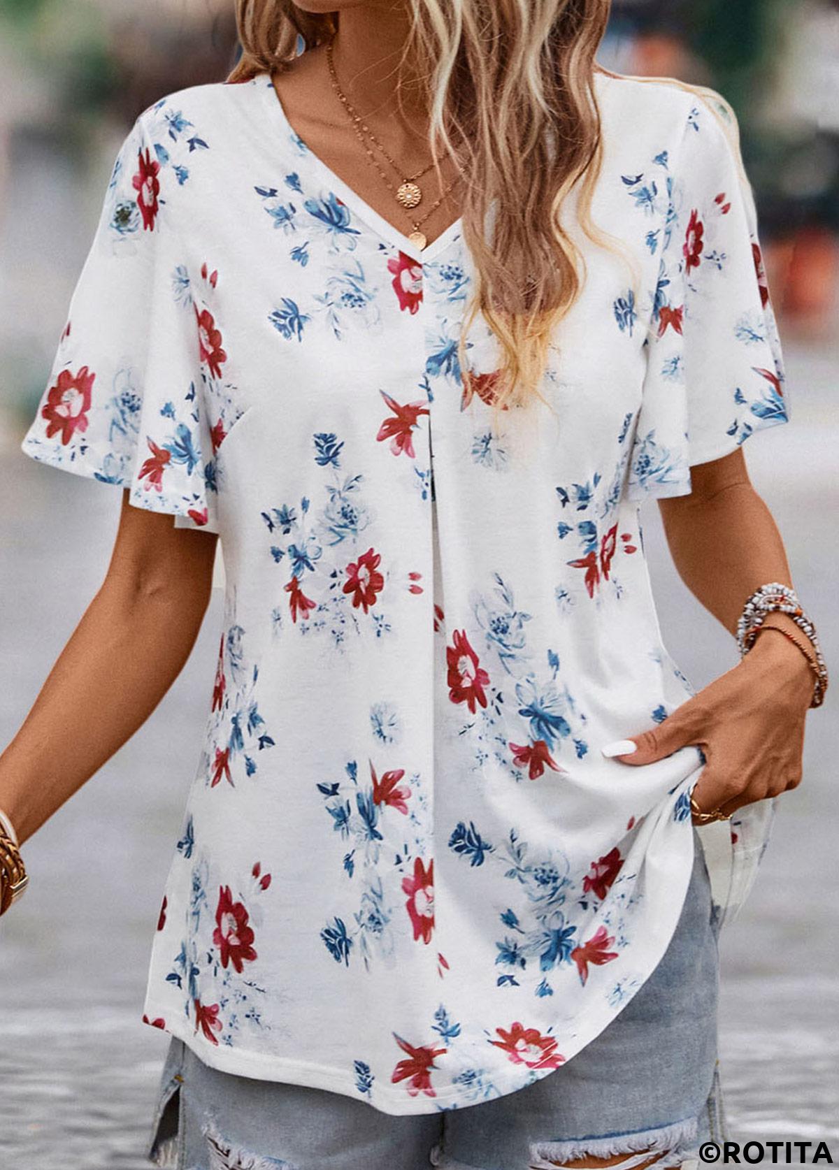 White tops,Floral tops,Plants tops,Floral Print White V Neck Short Sleeve Blouse