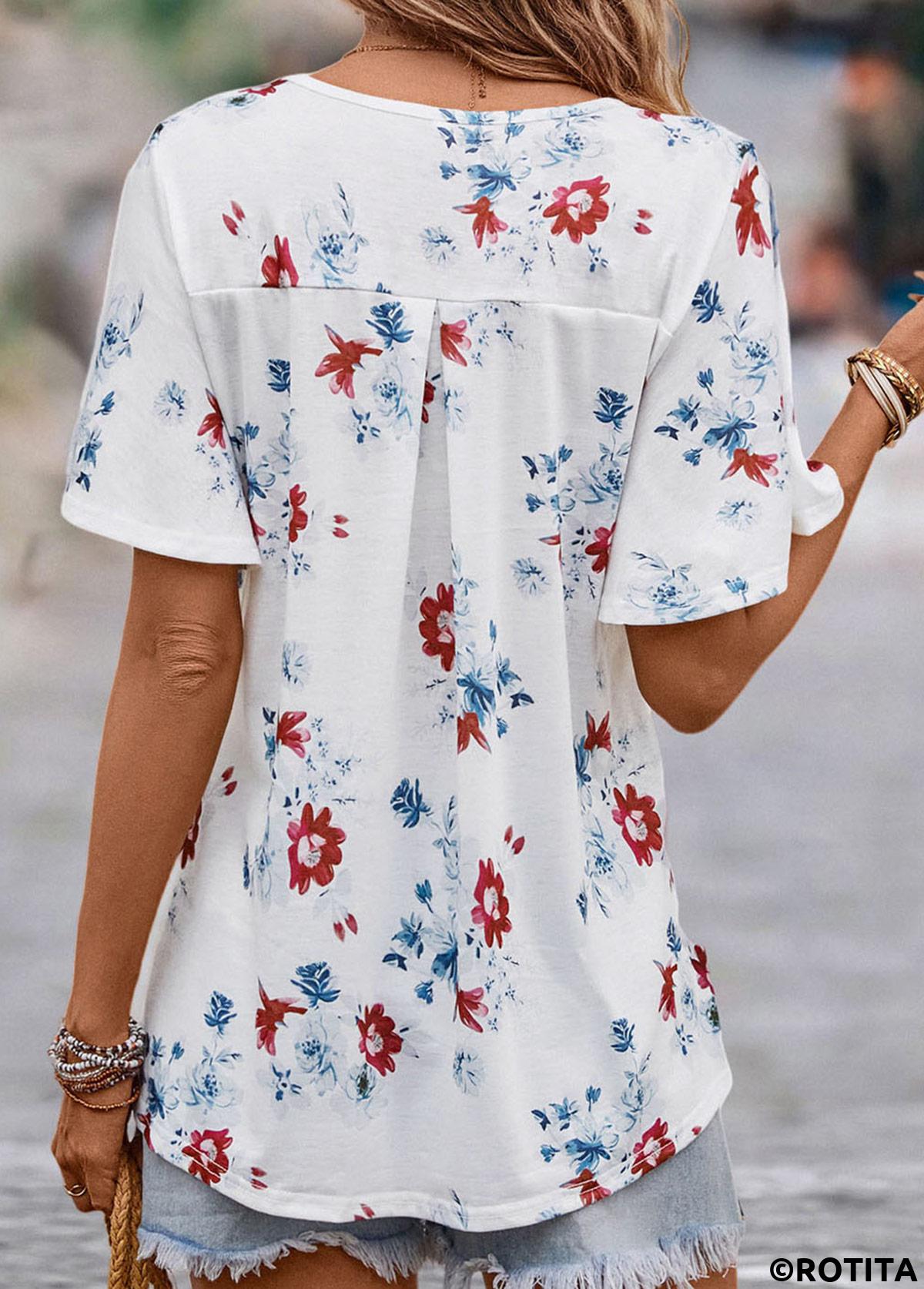 White tops,Floral tops,Plants tops,Floral Print White V Neck Short Sleeve Blouse
