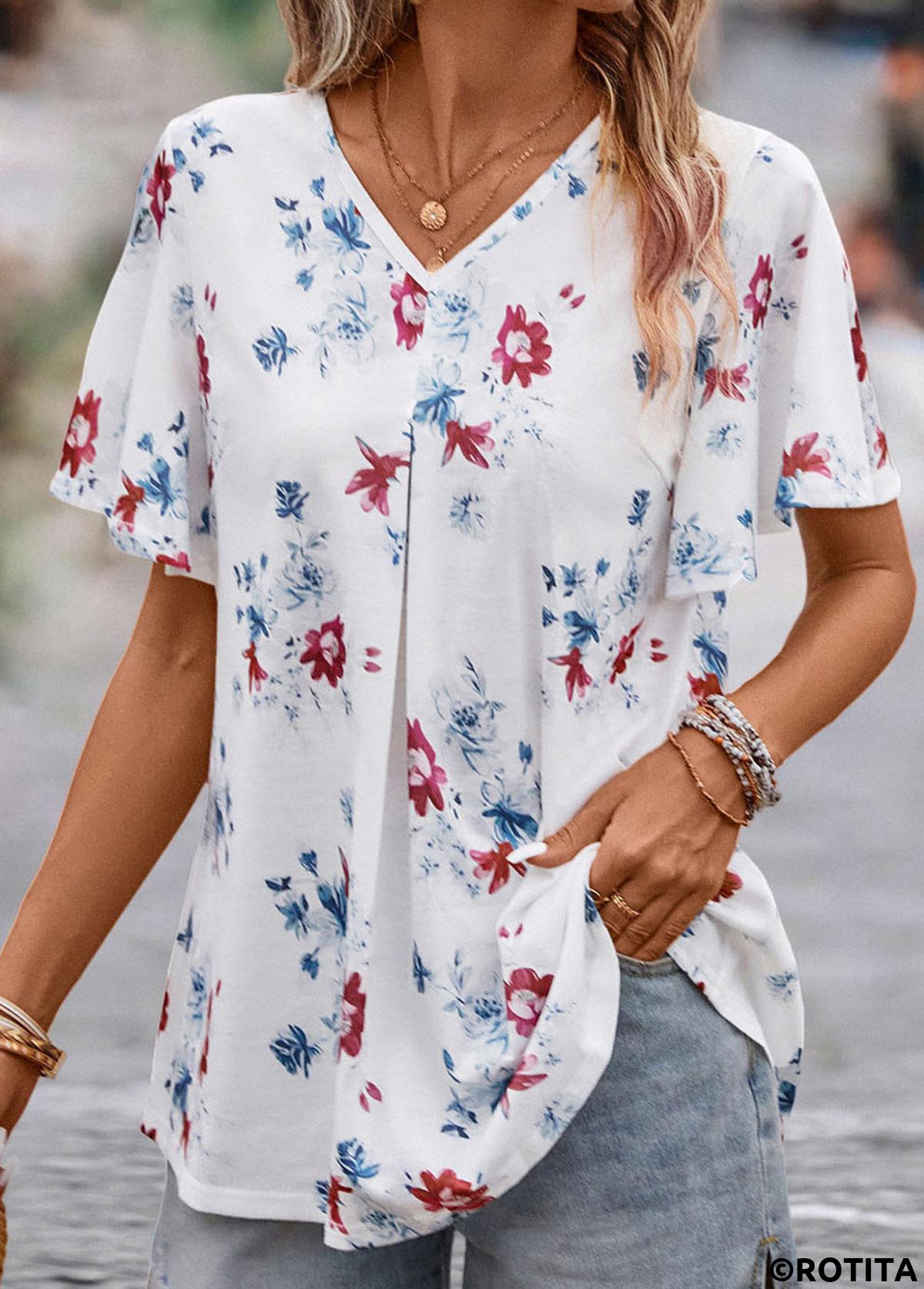 White tops,Floral tops,Plants tops,Floral Print White V Neck Short Sleeve Blouse