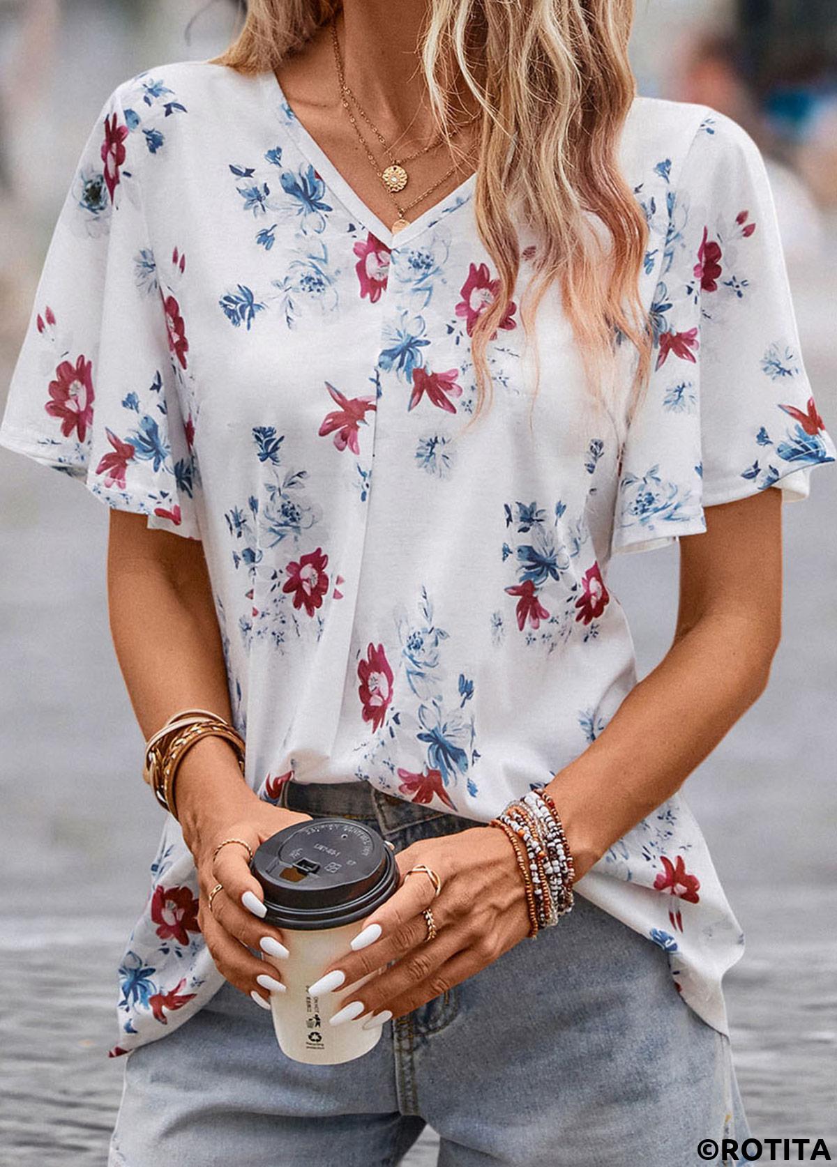 White tops,Floral tops,Plants tops,Floral Print White V Neck Short Sleeve Blouse