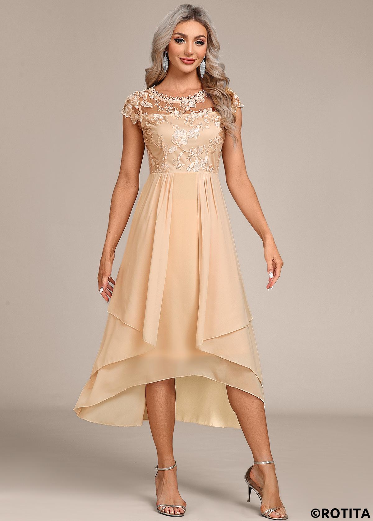 Champagne dresses,Plain Color dresses,Party dresses,Elegant dresses,ROTITA Lace Champagne High Low Round Neck Dress