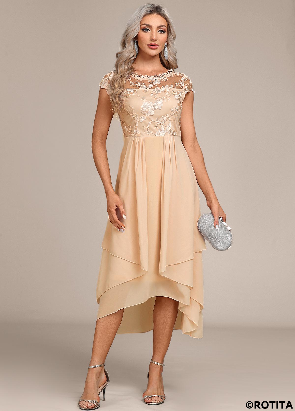 Champagne dresses,Plain Color dresses,Party dresses,Elegant dresses,ROTITA Lace Champagne High Low Round Neck Dress