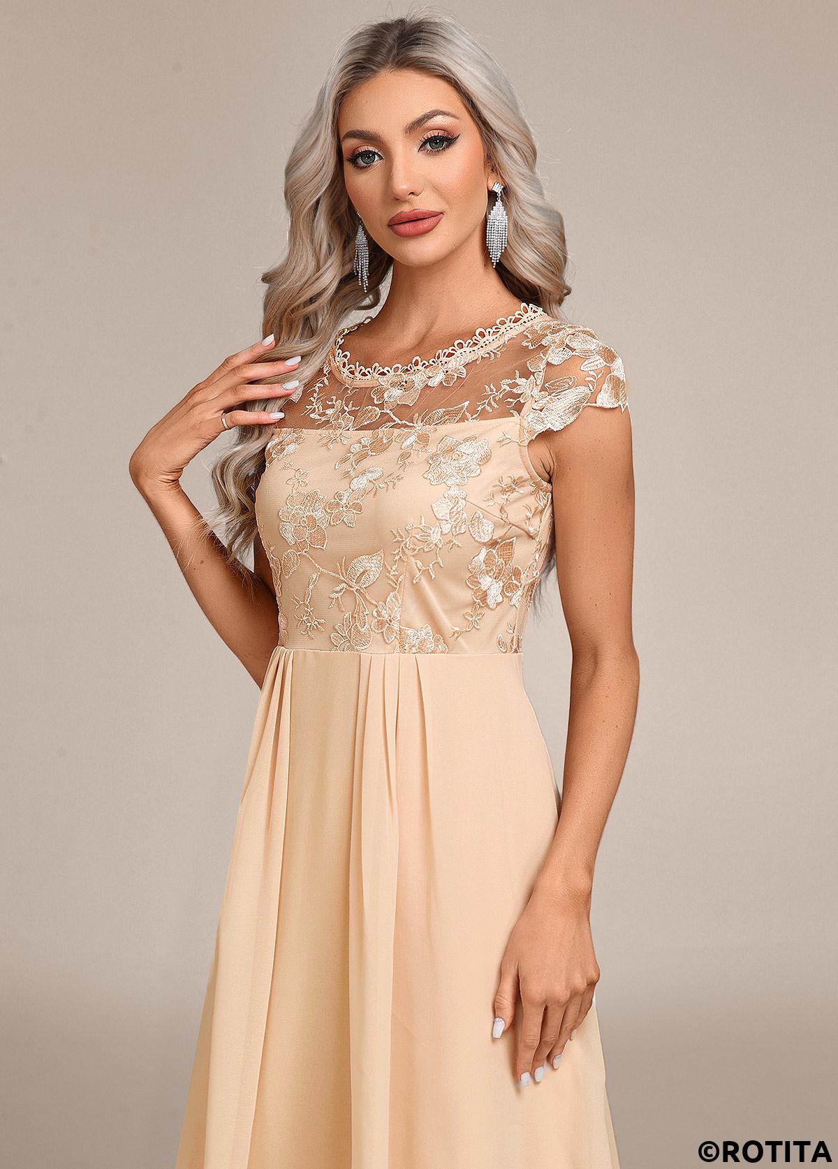 Champagne dresses,Plain Color dresses,Party dresses,Elegant dresses,ROTITA Lace Champagne High Low Round Neck Dress