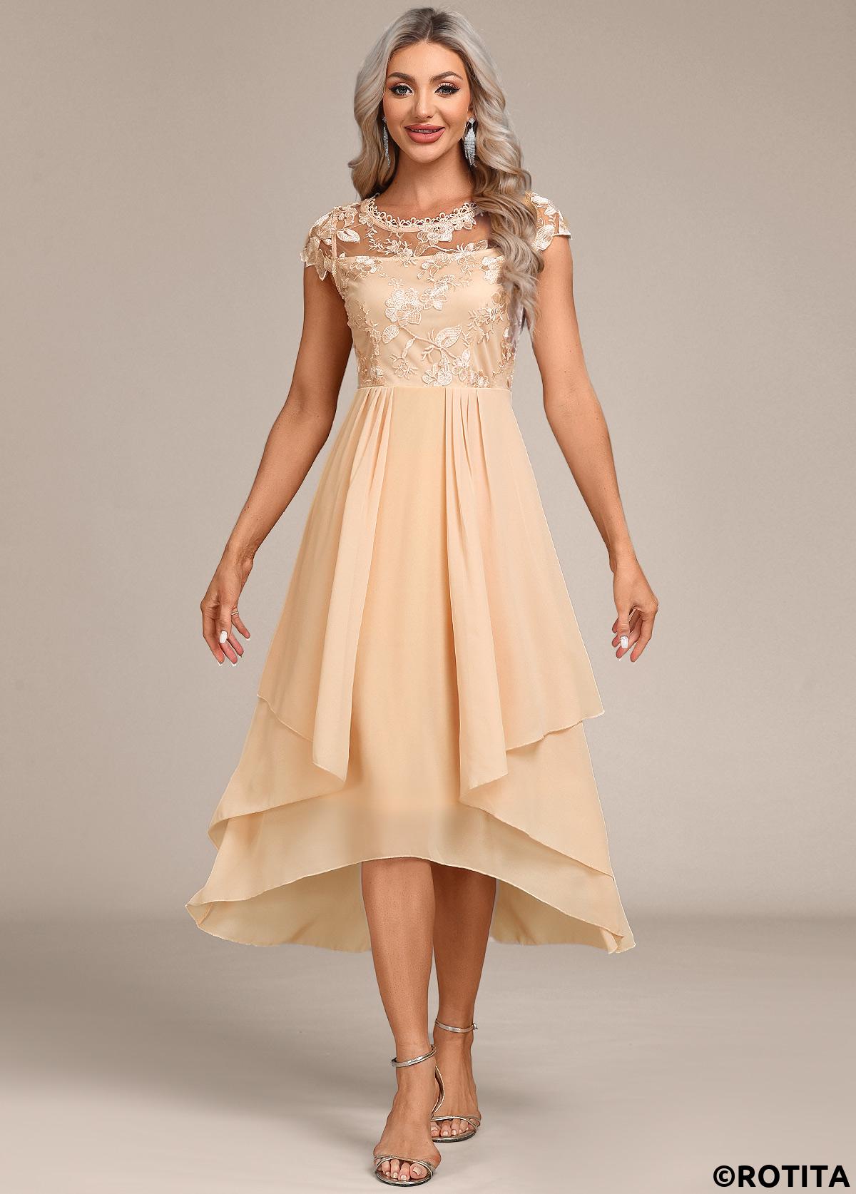 Champagne dresses,Plain Color dresses,Party dresses,Elegant dresses,ROTITA Lace Champagne High Low Round Neck Dress