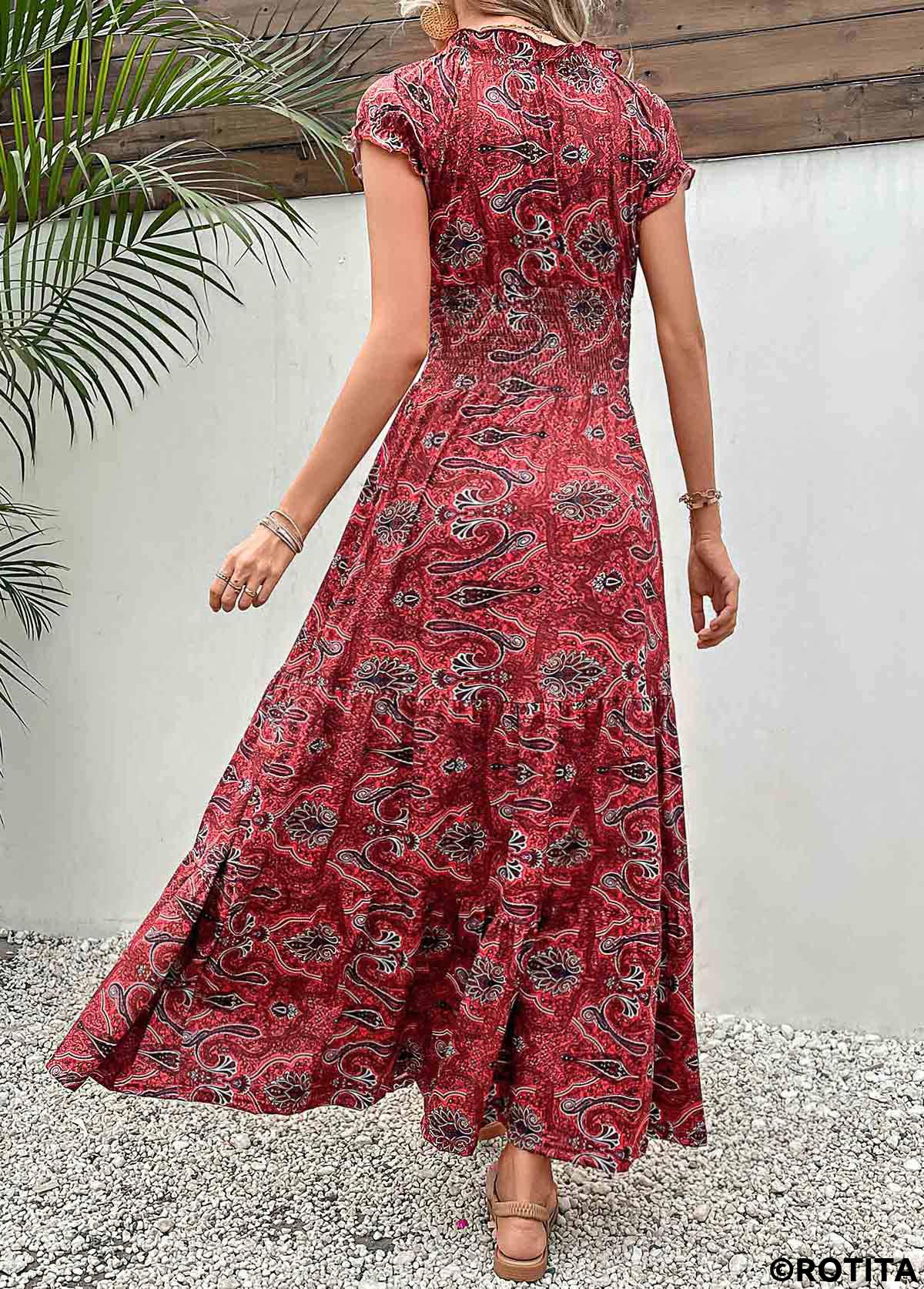 Wine Red dresses,Tribal dresses,Everyday dresses,Casual dresses,Smocked Tribal Print Wine Red Maxi Dress