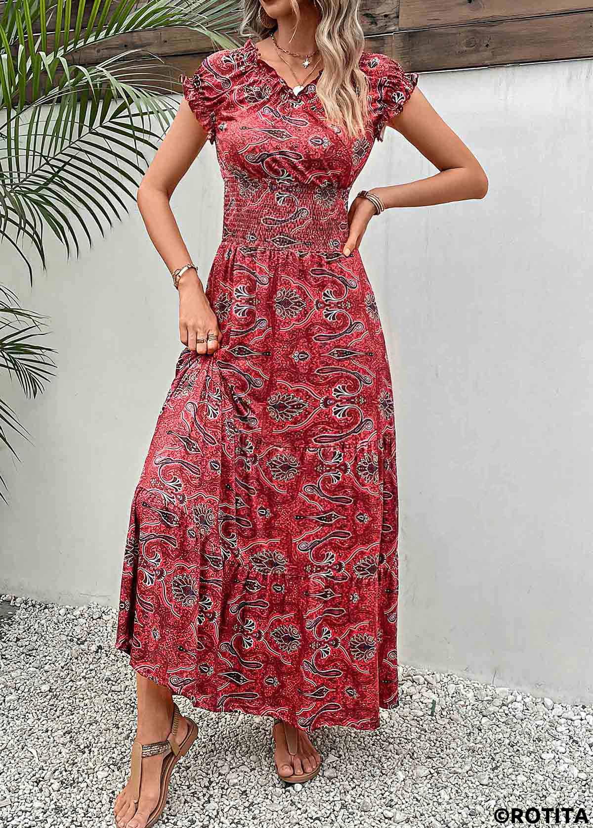 Wine Red dresses,Tribal dresses,Everyday dresses,Casual dresses,Smocked Tribal Print Wine Red Maxi Dress