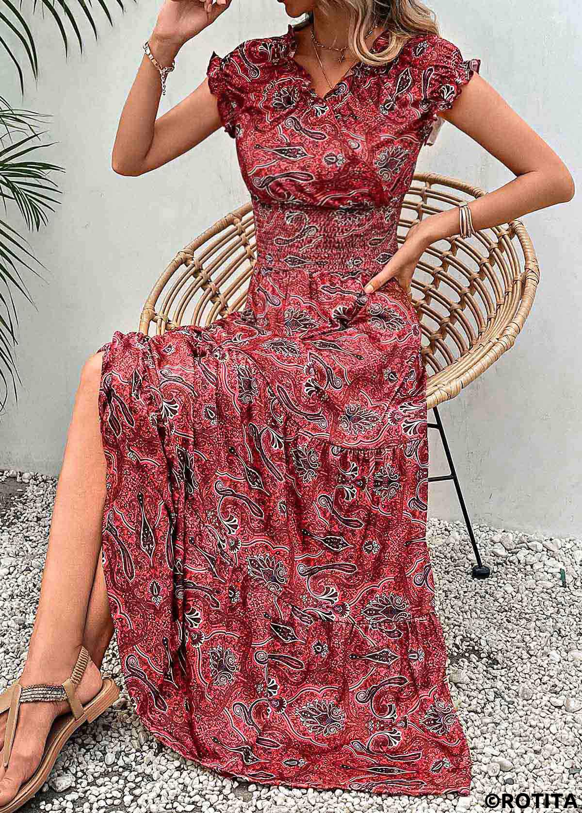 Wine Red dresses,Tribal dresses,Everyday dresses,Casual dresses,Smocked Tribal Print Wine Red Maxi Dress