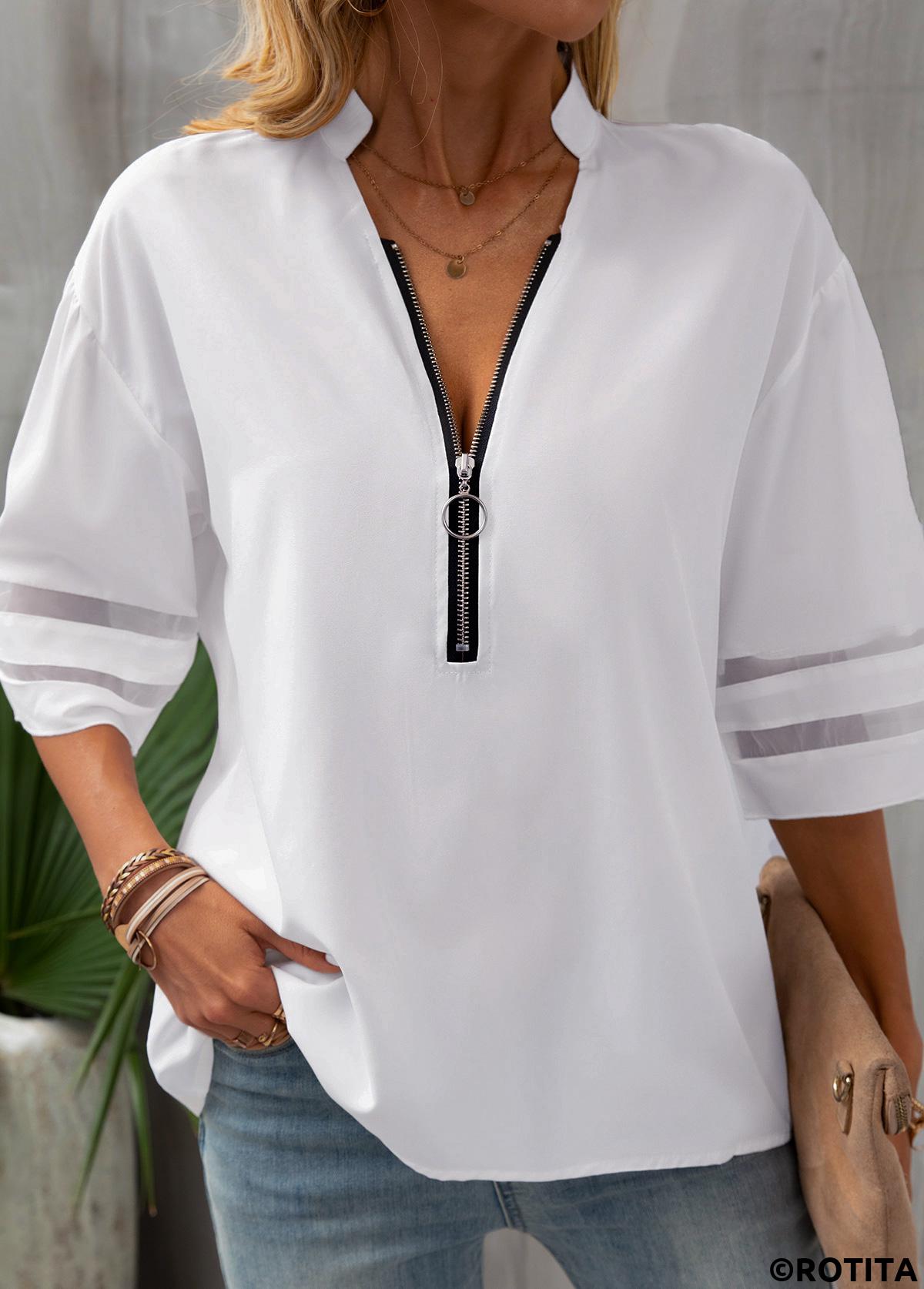 White tops,Plain Color tops,Patchwork Zipper White Stand Collar Blouse