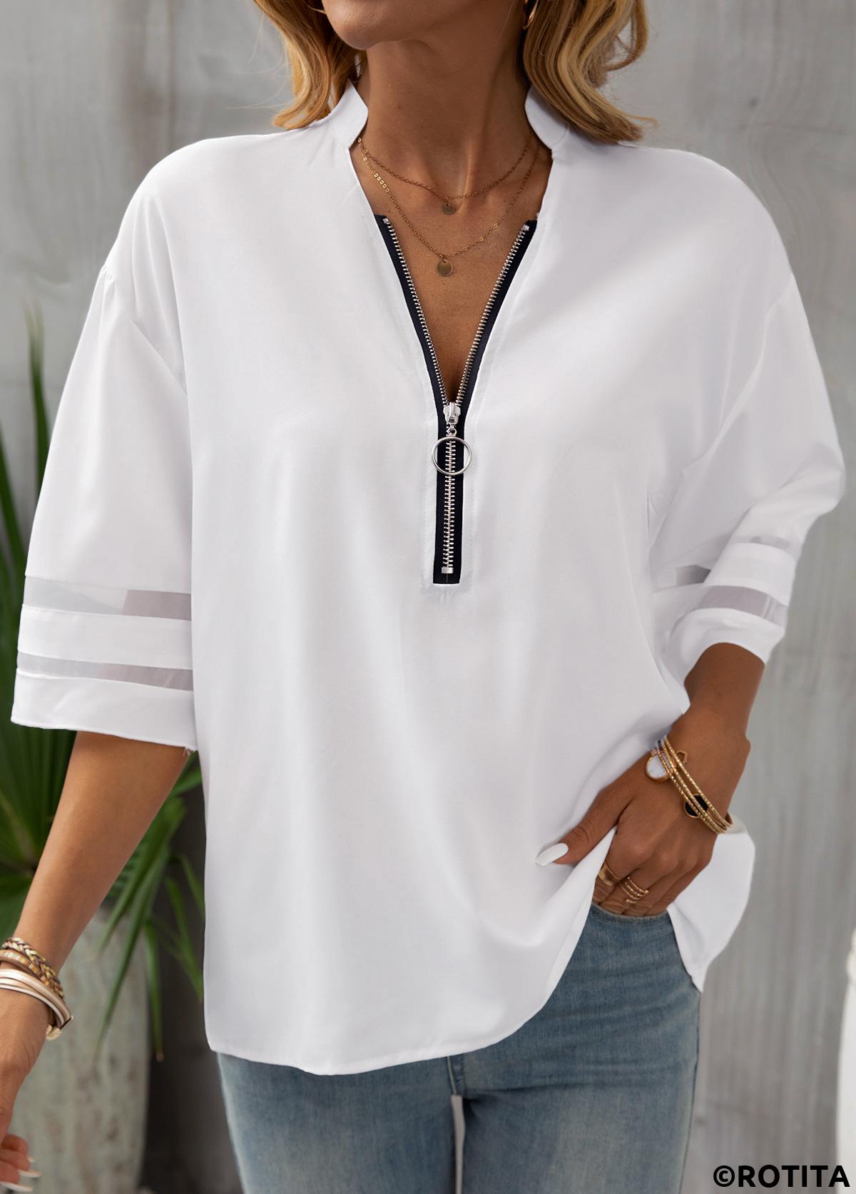 White tops,Plain Color tops,Patchwork Zipper White Stand Collar Blouse