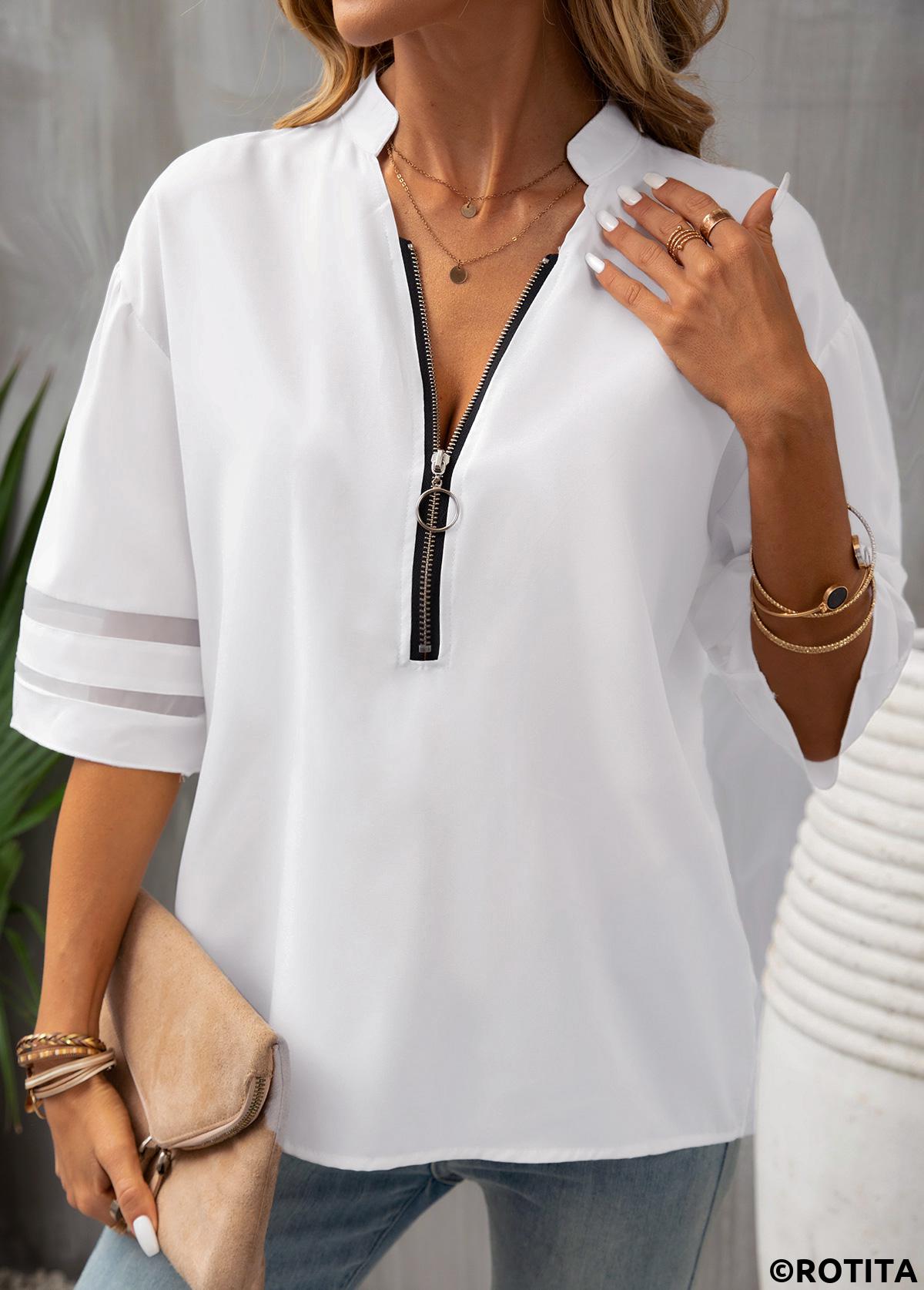 White tops,Plain Color tops,Patchwork Zipper White Stand Collar Blouse