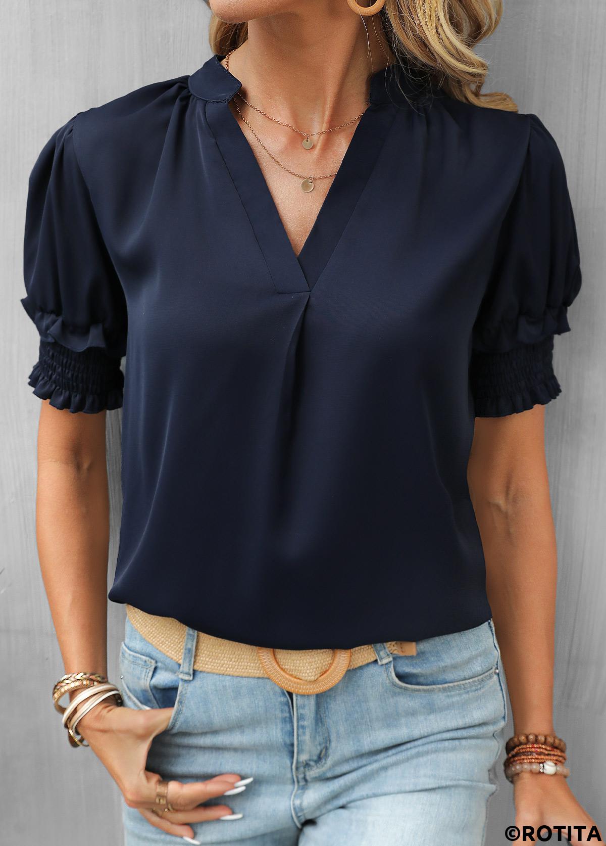 Navy tops,Plain Color tops,Smocked Navy V Neck Short Sleeve Blouse