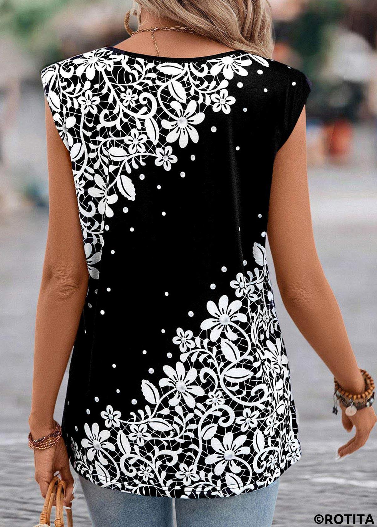 Black tops,Floral tops,Dot tops,Plants tops,Lightweight Floral Print Black V Neck T Shirt