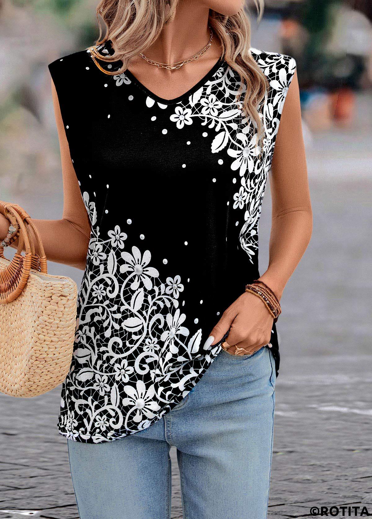 Black tops,Floral tops,Dot tops,Plants tops,Lightweight Floral Print Black V Neck T Shirt