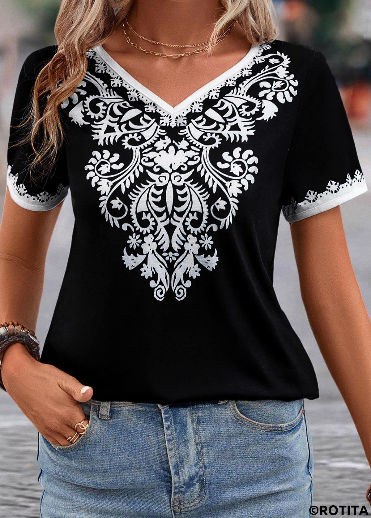 Black tops,Tribal tops,Floral tops,Patchwork Tribal Print Black V Neck T Shirt