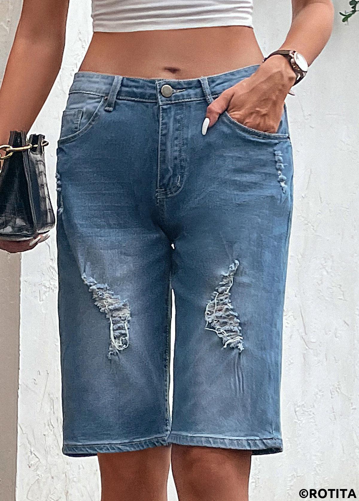 Dark Blue bottoms,Plain Color bottoms,Hole Dark Blue Button Fly Denim Shorts