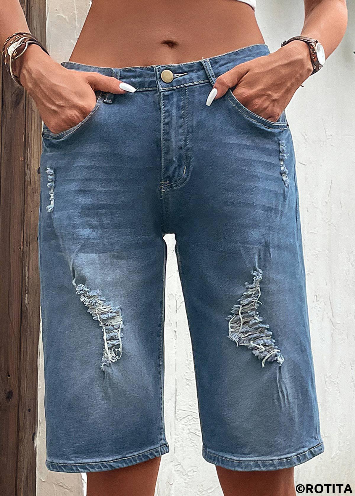 Dark Blue bottoms,Plain Color bottoms,Hole Dark Blue Button Fly Denim Shorts