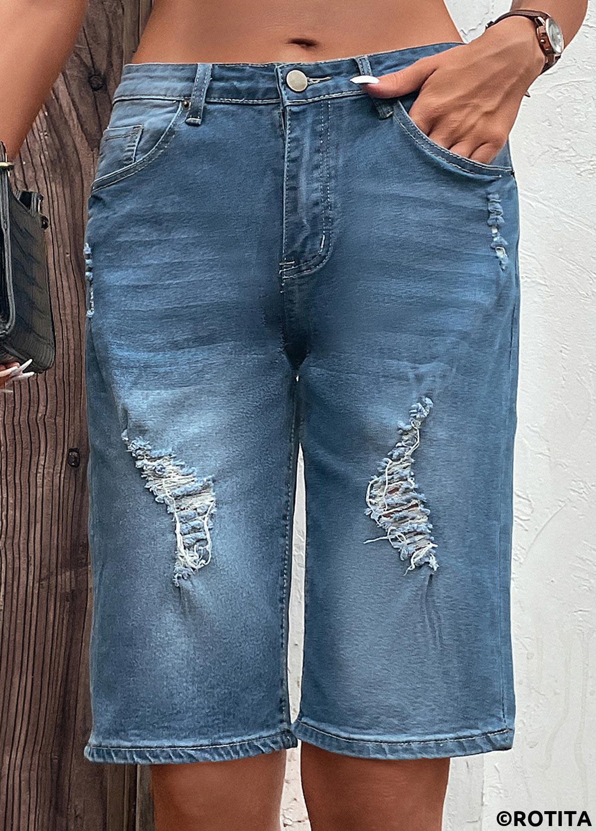 Dark Blue bottoms,Plain Color bottoms,Hole Dark Blue Button Fly Denim Shorts