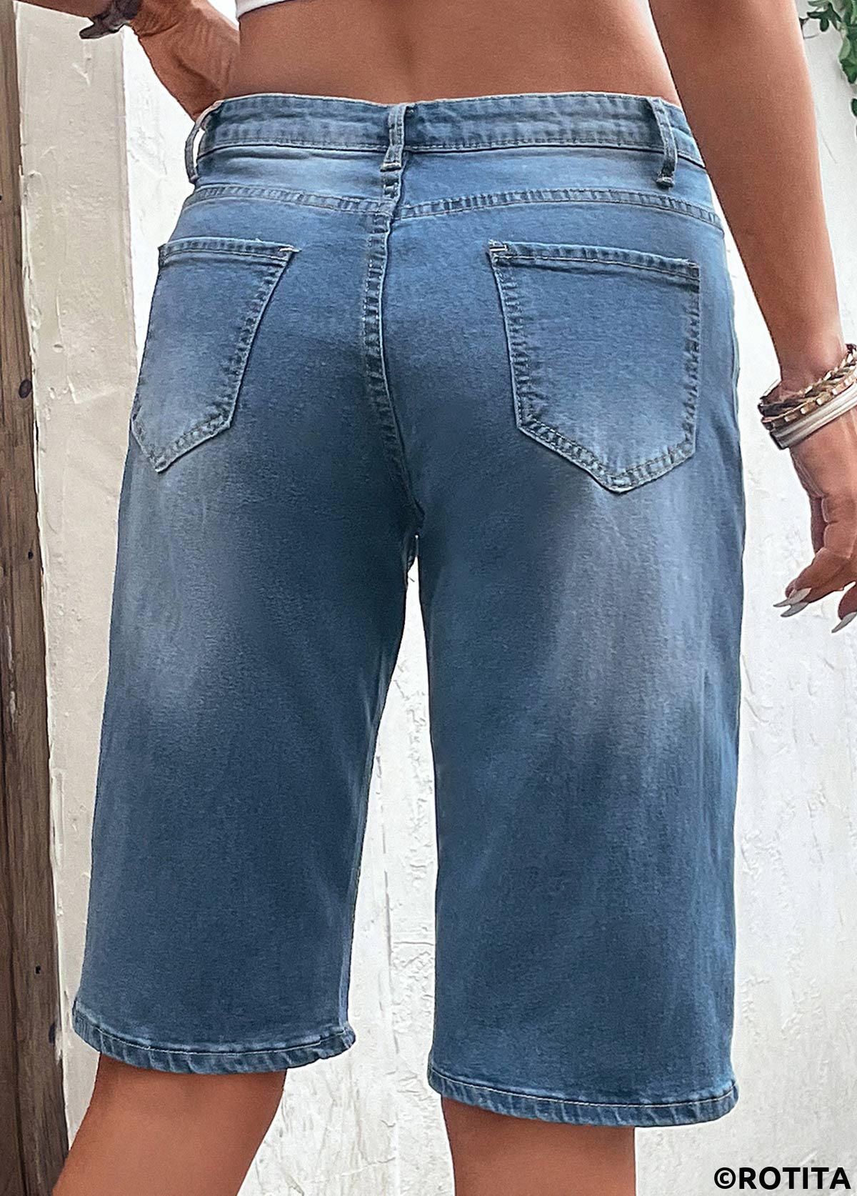 Dark Blue bottoms,Plain Color bottoms,Hole Dark Blue Button Fly Denim Shorts