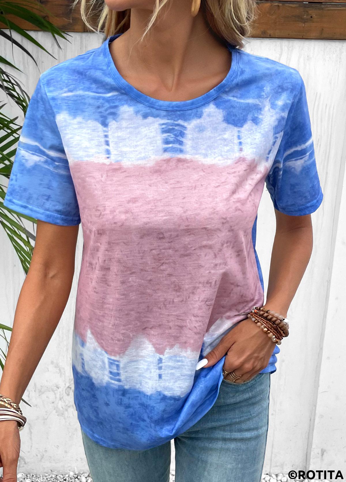 Sky Blue tops,Pink tops,Contrast Color tops,Sky Blue Round Neck Short Sleeve T Shirt