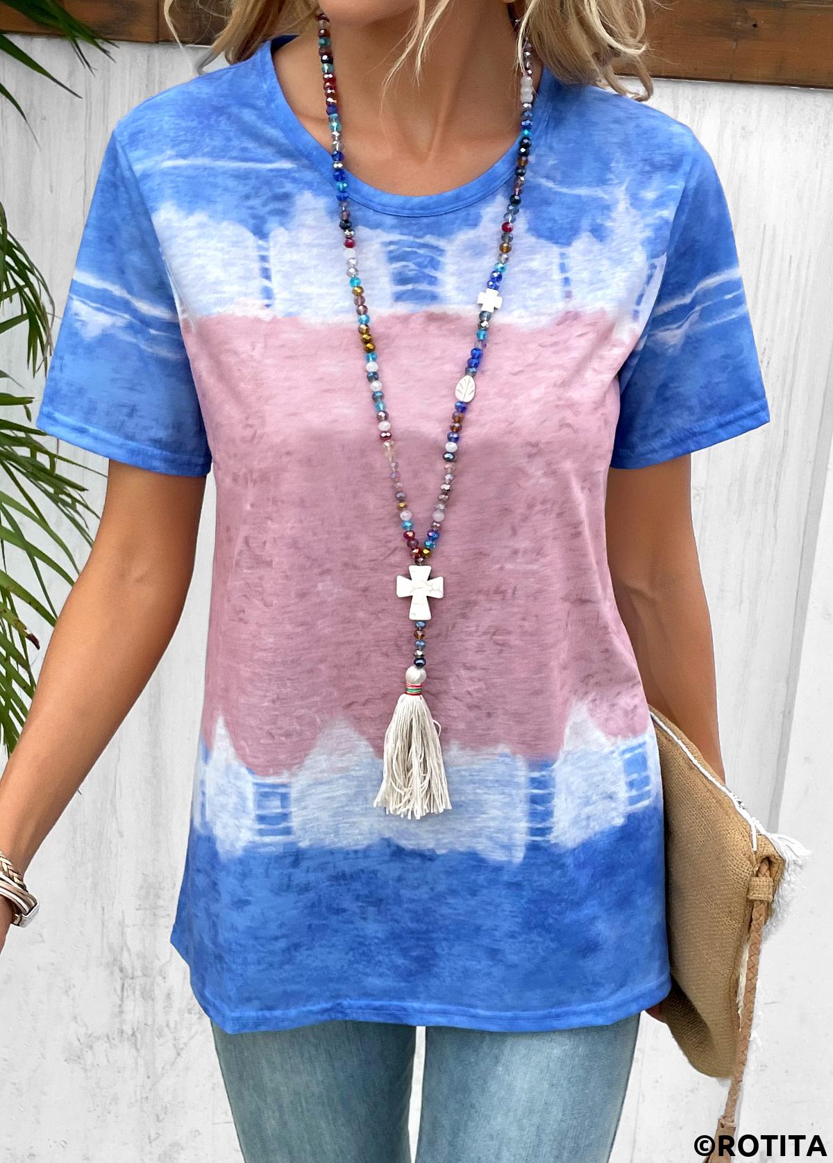 Sky Blue tops,Pink tops,Contrast Color tops,Sky Blue Round Neck Short Sleeve T Shirt