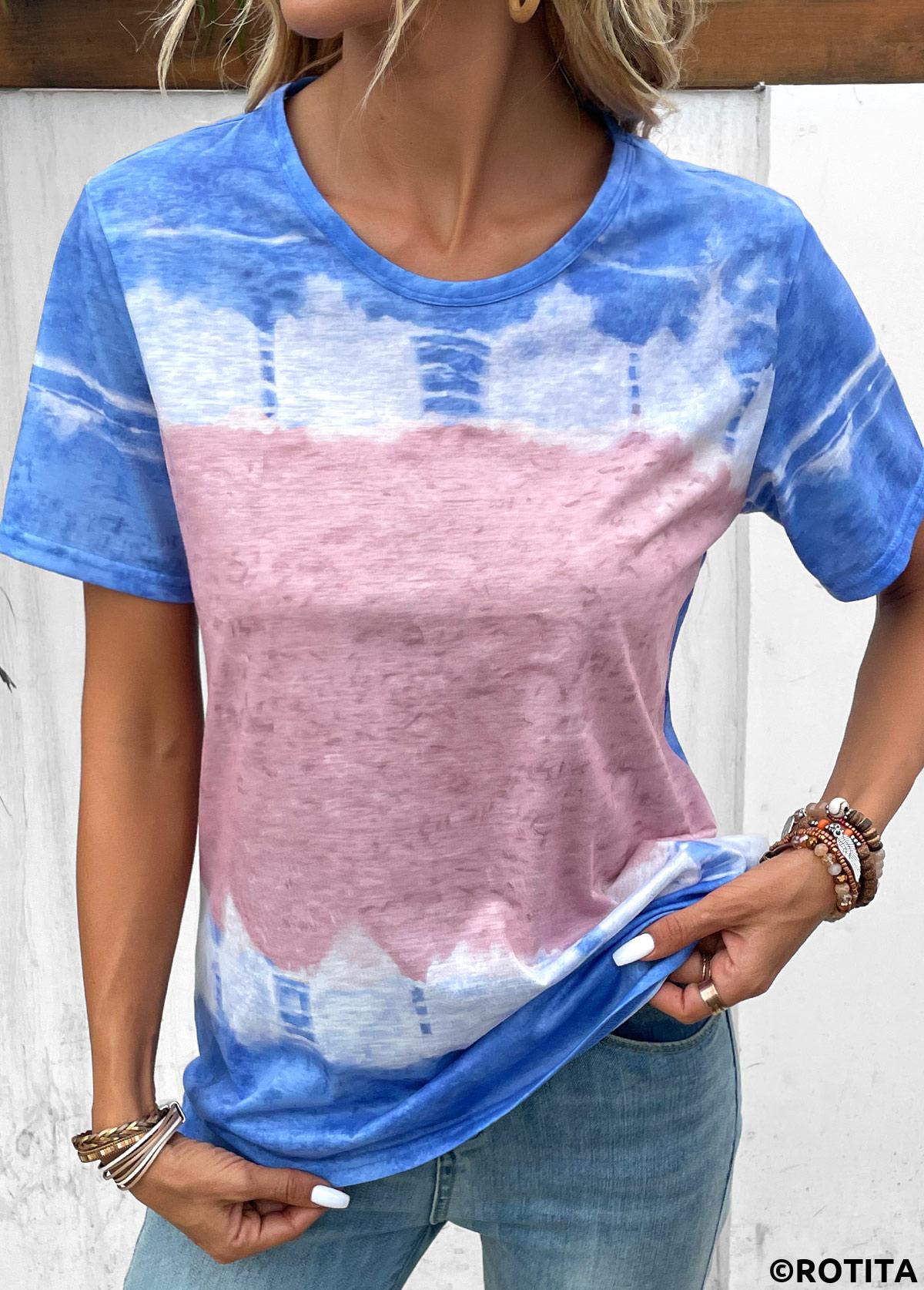 Sky Blue tops,Pink tops,Contrast Color tops,Sky Blue Round Neck Short Sleeve T Shirt