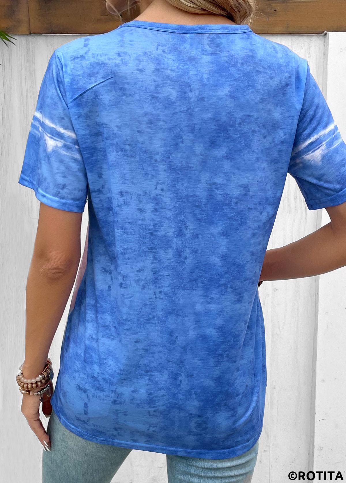 Sky Blue tops,Pink tops,Contrast Color tops,Sky Blue Round Neck Short Sleeve T Shirt