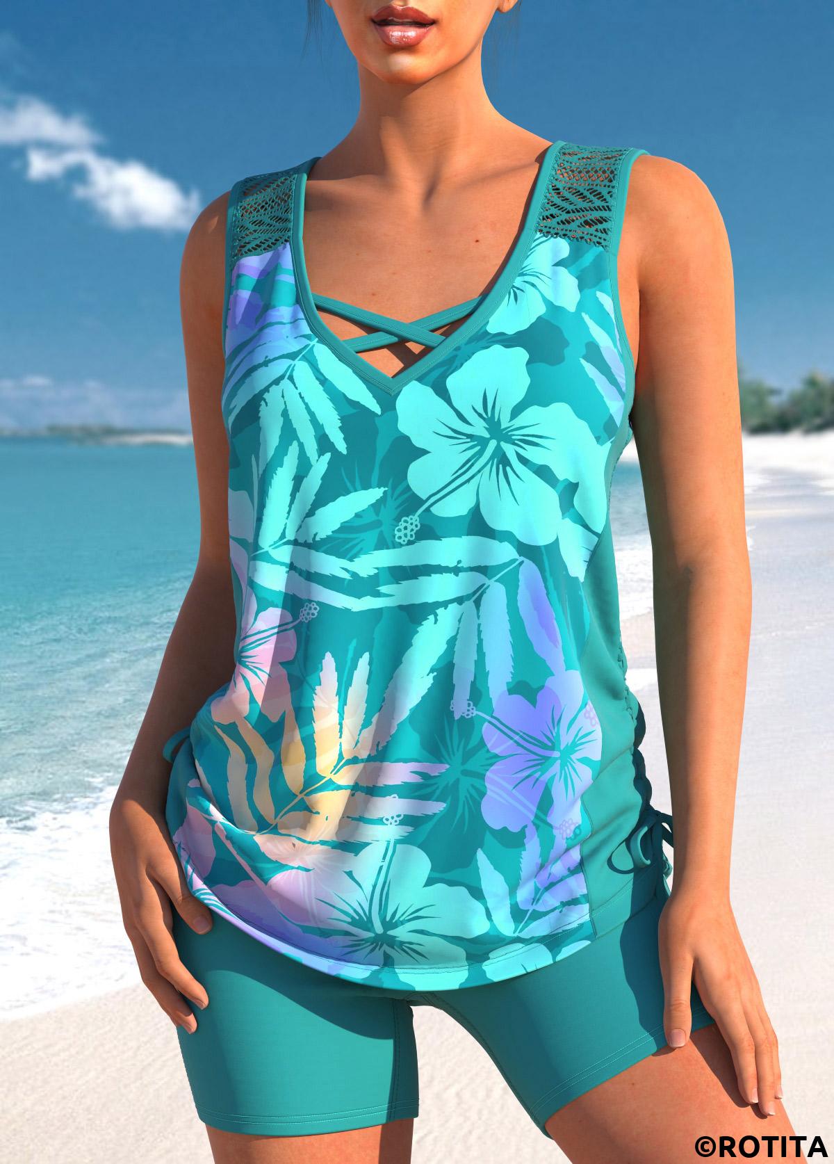 Turquoise swimwear,Plants swimwear,Floral swimwear,ROTITA Lace Turquoise Tropical Plants Print Tankini Set