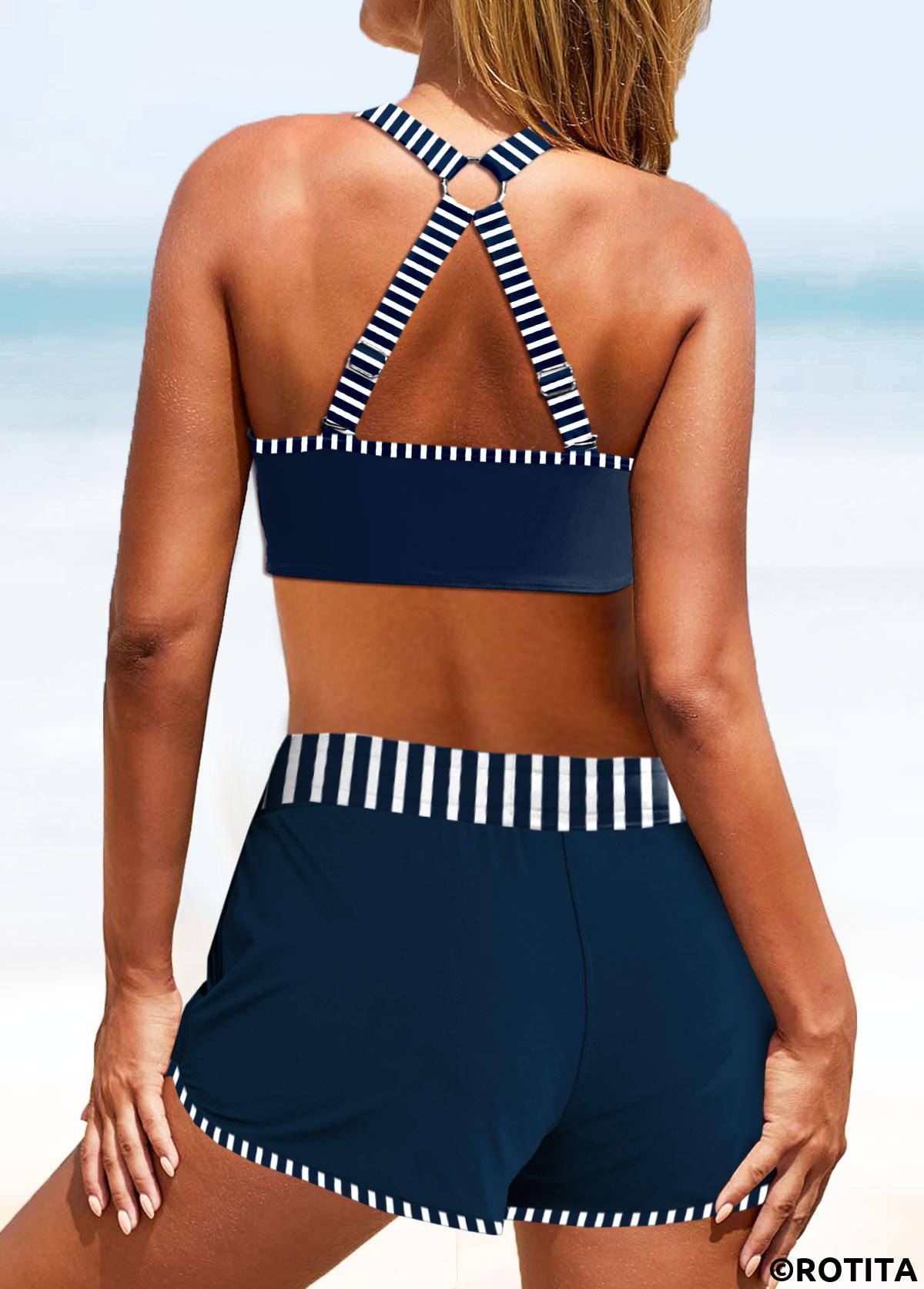 Navy swimwear,White swimwear,Striped swimwear,Geometric swimwear,ROTITA Circular Ring Navy Striped Mid Waisted Bikini Set