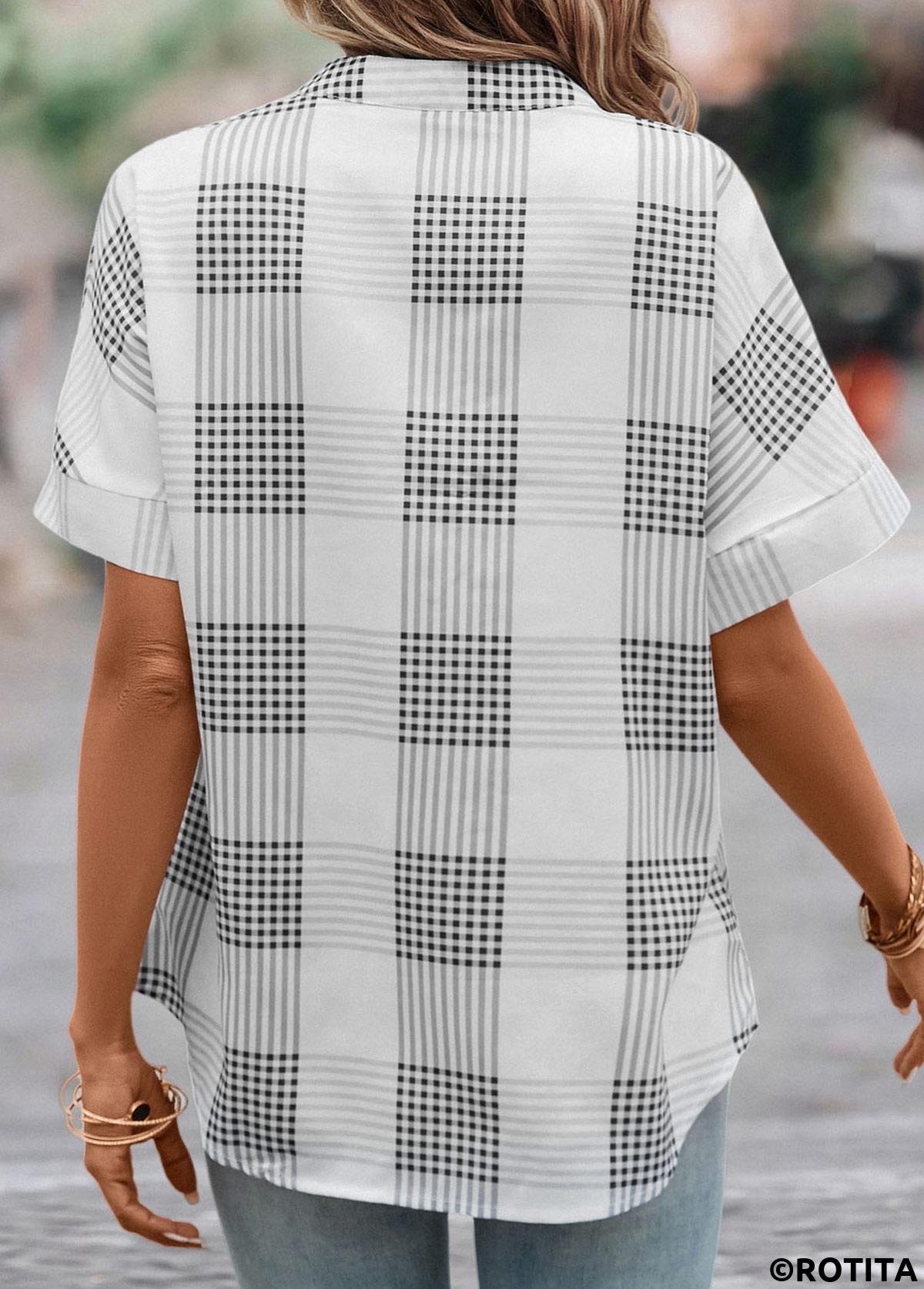 Grey tops,Plaid tops,Geometric tops,Split Plaid Grey Short Sleeve Blouse