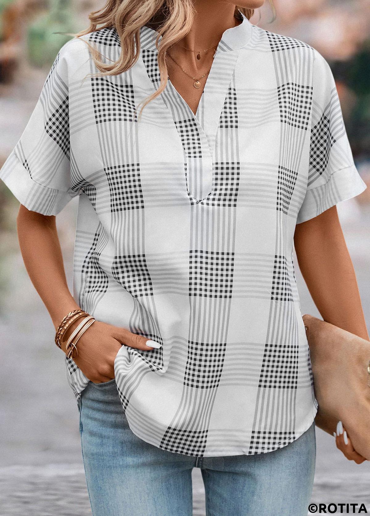 Grey tops,Plaid tops,Geometric tops,Split Plaid Grey Short Sleeve Blouse