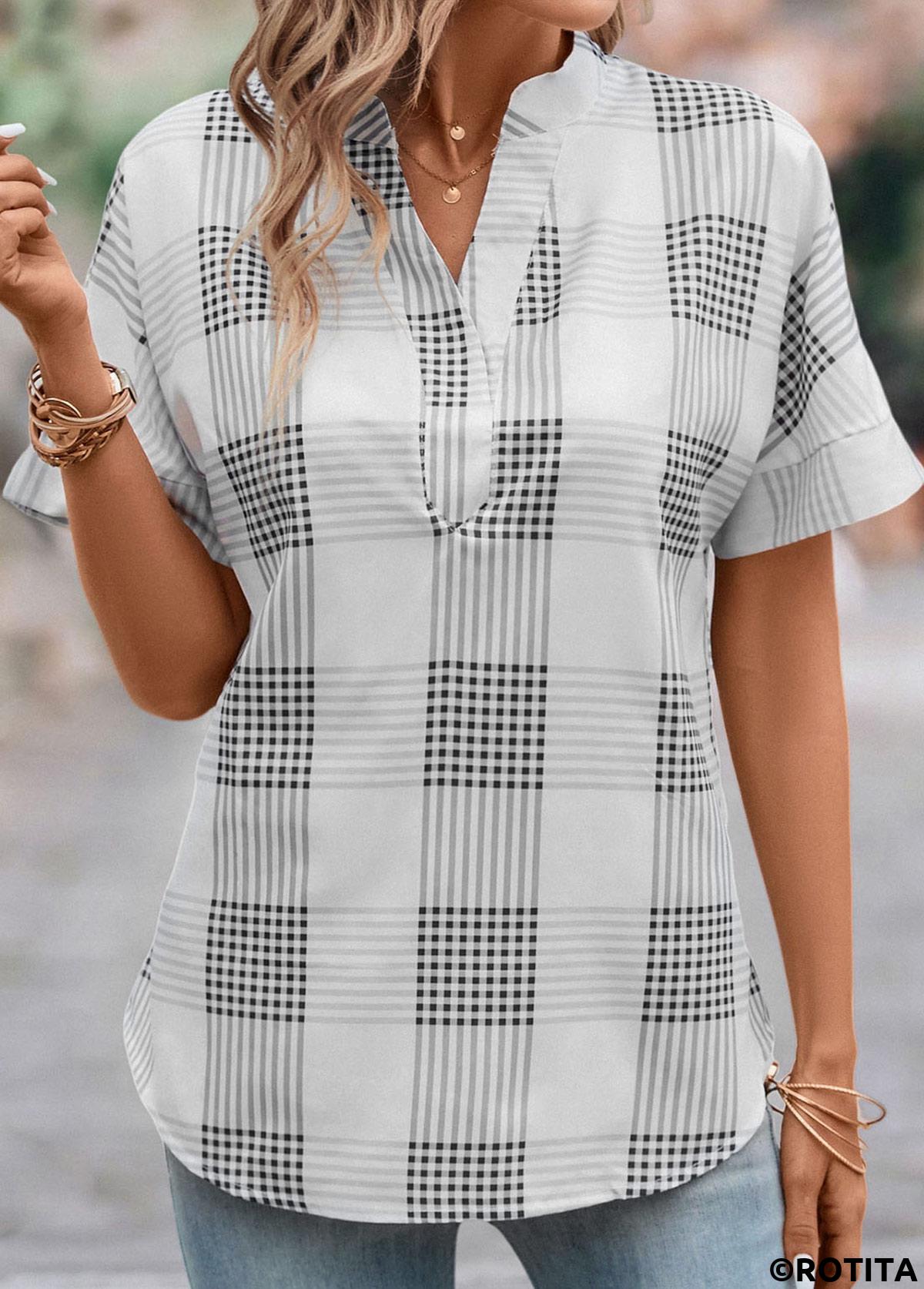 Grey tops,Plaid tops,Geometric tops,Split Plaid Grey Short Sleeve Blouse