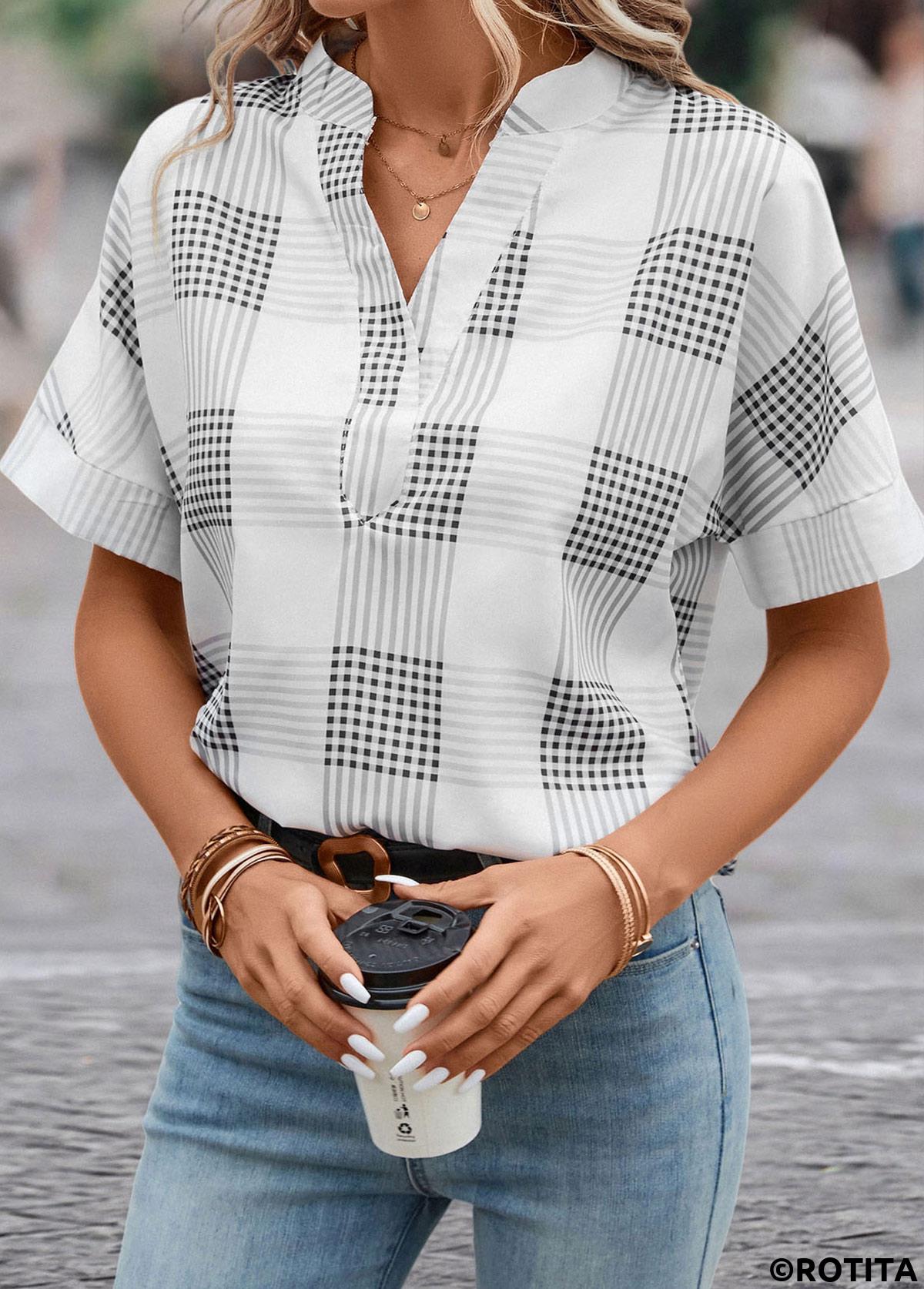 Grey tops,Plaid tops,Geometric tops,Split Plaid Grey Short Sleeve Blouse