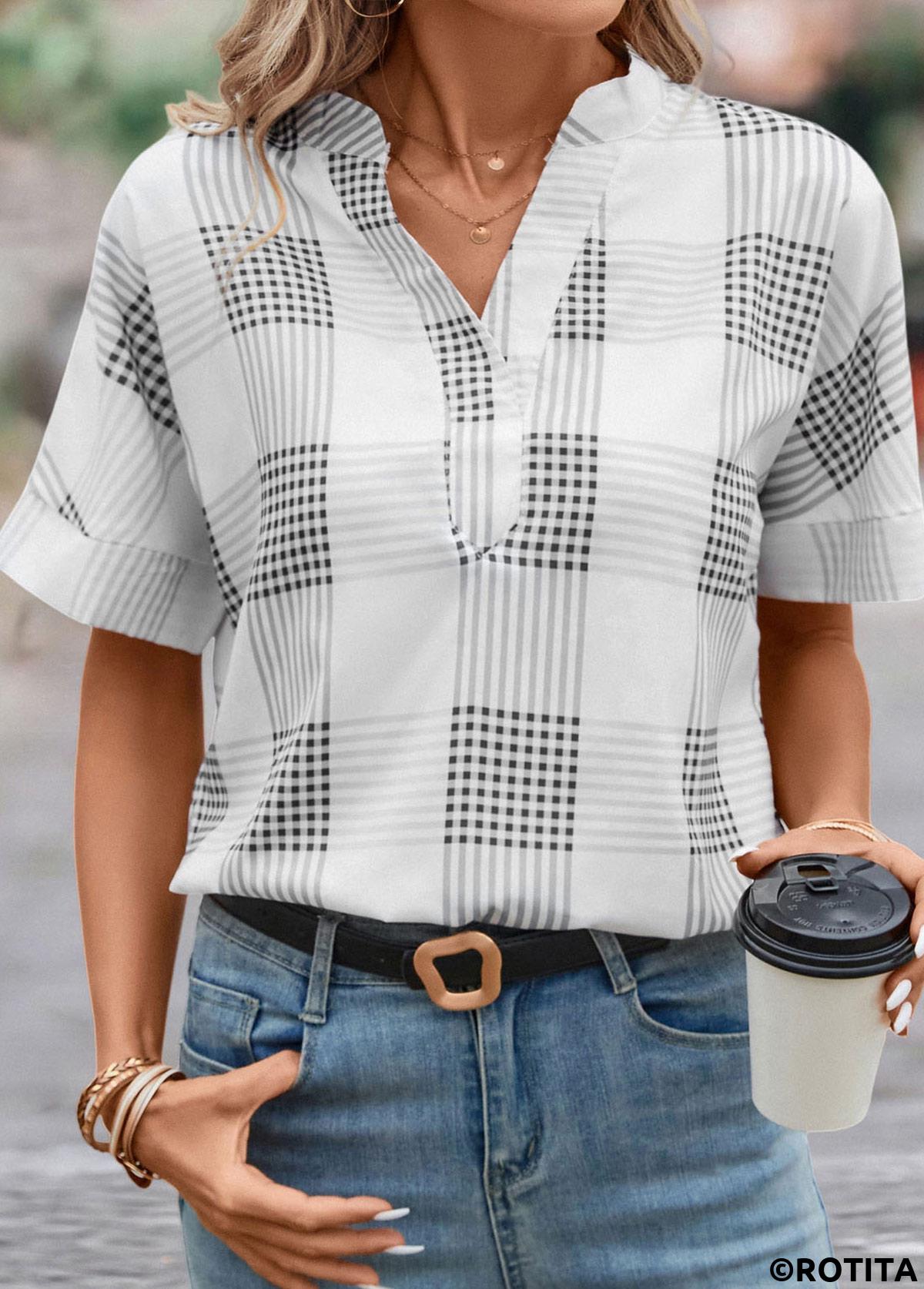 Grey tops,Plaid tops,Geometric tops,Split Plaid Grey Short Sleeve Blouse