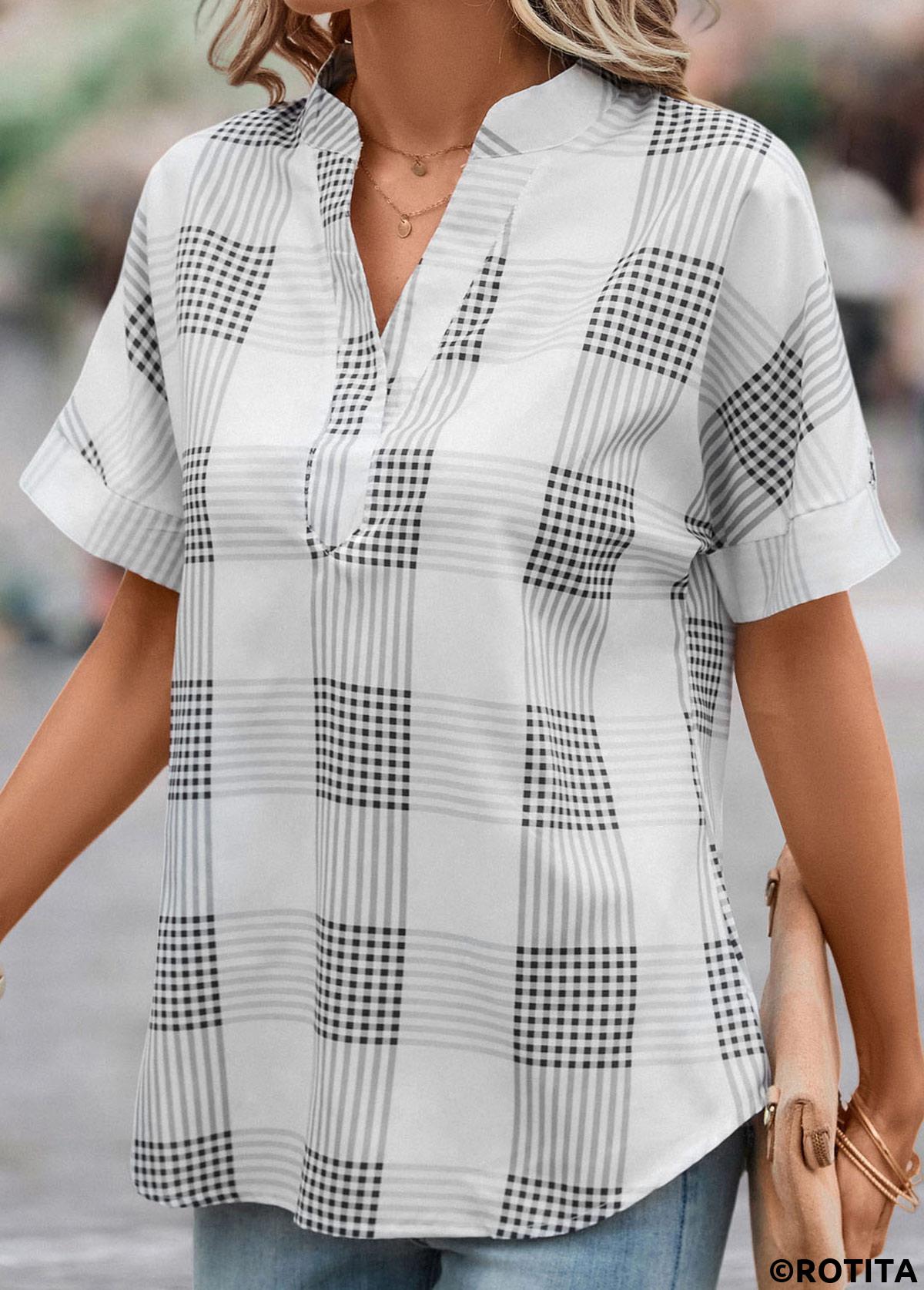 Grey tops,Plaid tops,Geometric tops,Split Plaid Grey Short Sleeve Blouse