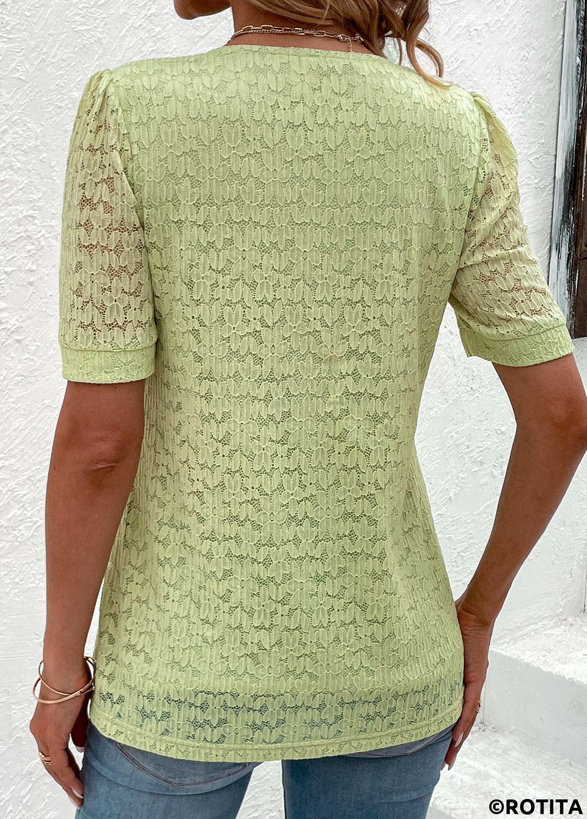 Green tops,Plain Color tops,ROTITA Lace Green V Neck Short Sleeve Blouse