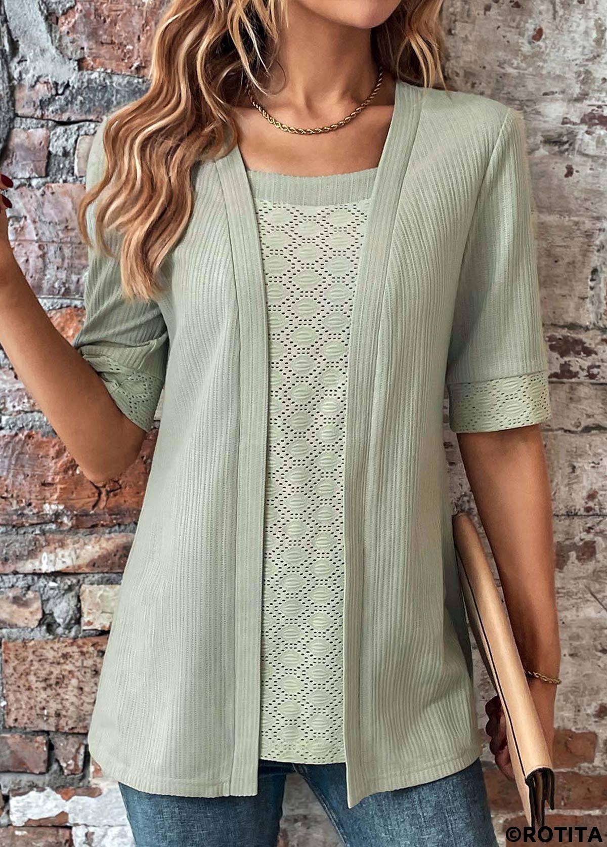 Sage Green tops,Plain Color tops,ROTITA Sage Green Square Neck Fake Two Piece Twinset