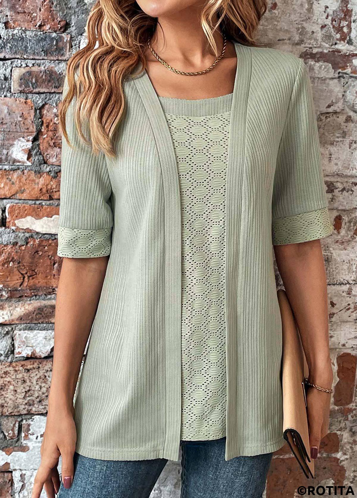 Sage Green tops,Plain Color tops,ROTITA Sage Green Square Neck Fake Two Piece Twinset