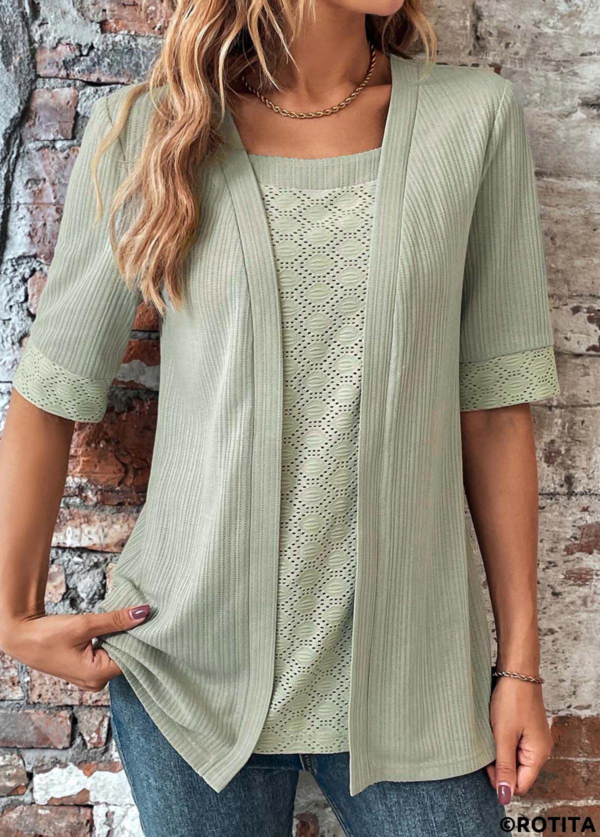 Sage Green tops,Plain Color tops,ROTITA Sage Green Square Neck Fake Two Piece Twinset