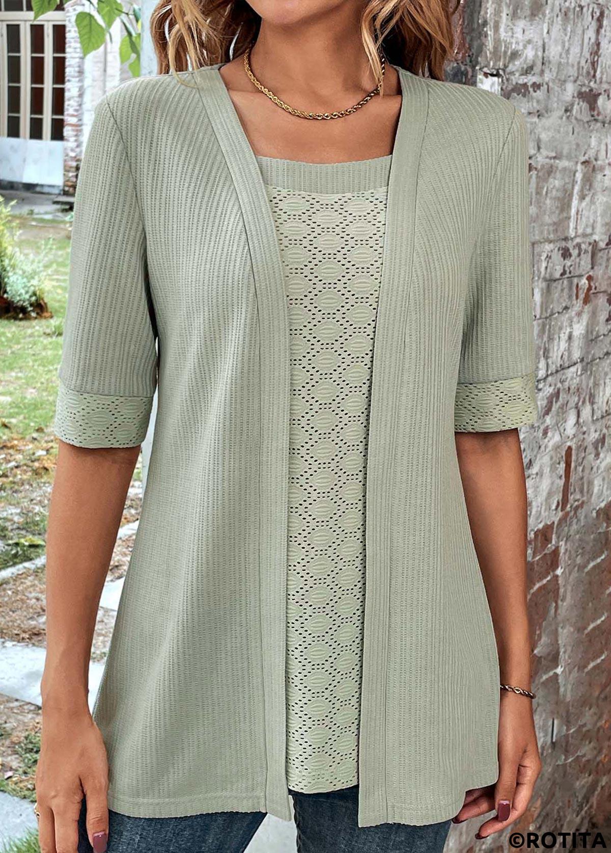 Sage Green tops,Plain Color tops,ROTITA Sage Green Square Neck Fake Two Piece Twinset
