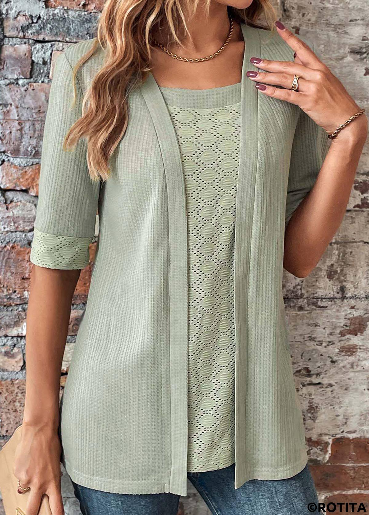 Sage Green tops,Plain Color tops,ROTITA Sage Green Square Neck Fake Two Piece Twinset