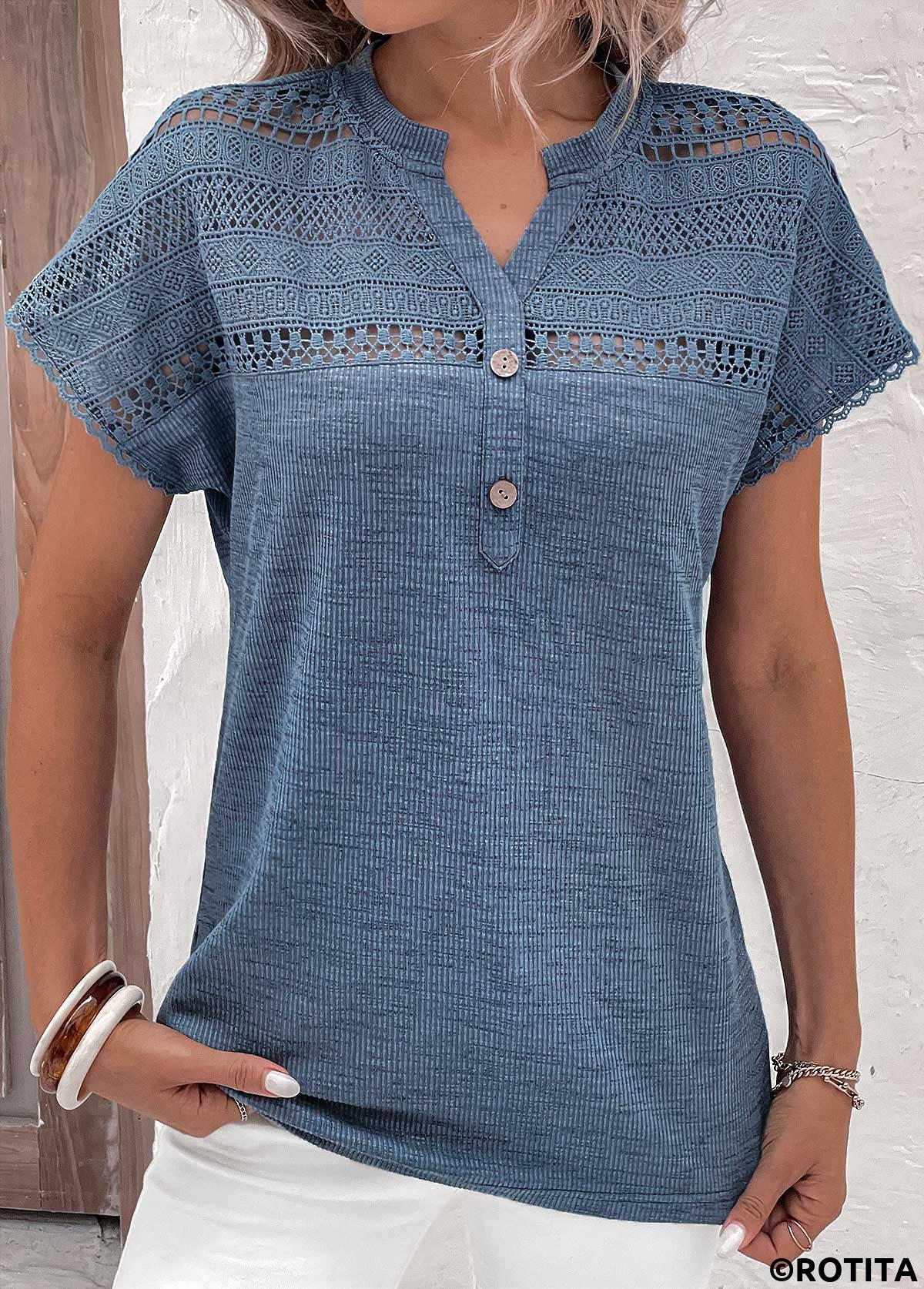 Dusty Blue tops,Plain Color tops,ROTITA Lace Dusty Blue Split Neck Short Sleeve Blouse
