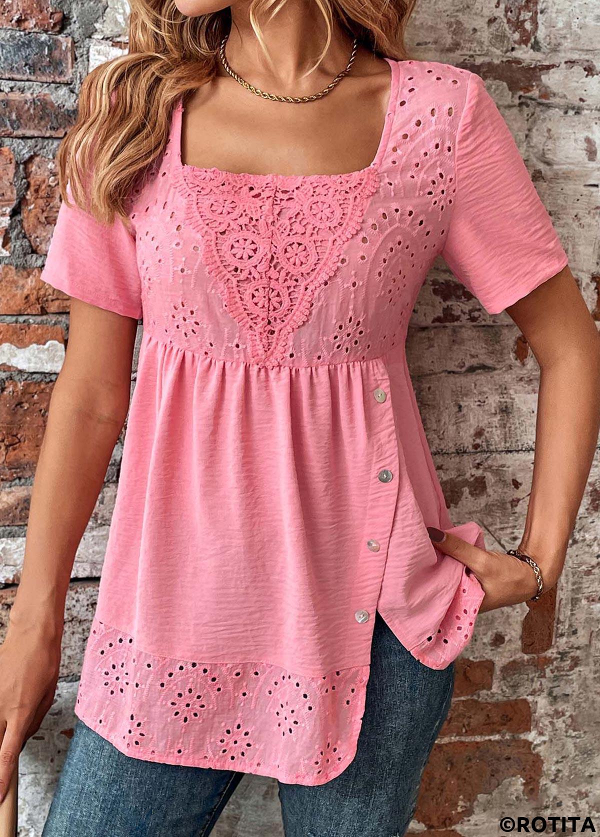 Pink tops,Plain Color tops,ROTITA Button Pink Square Neck Short Sleeve Blouse