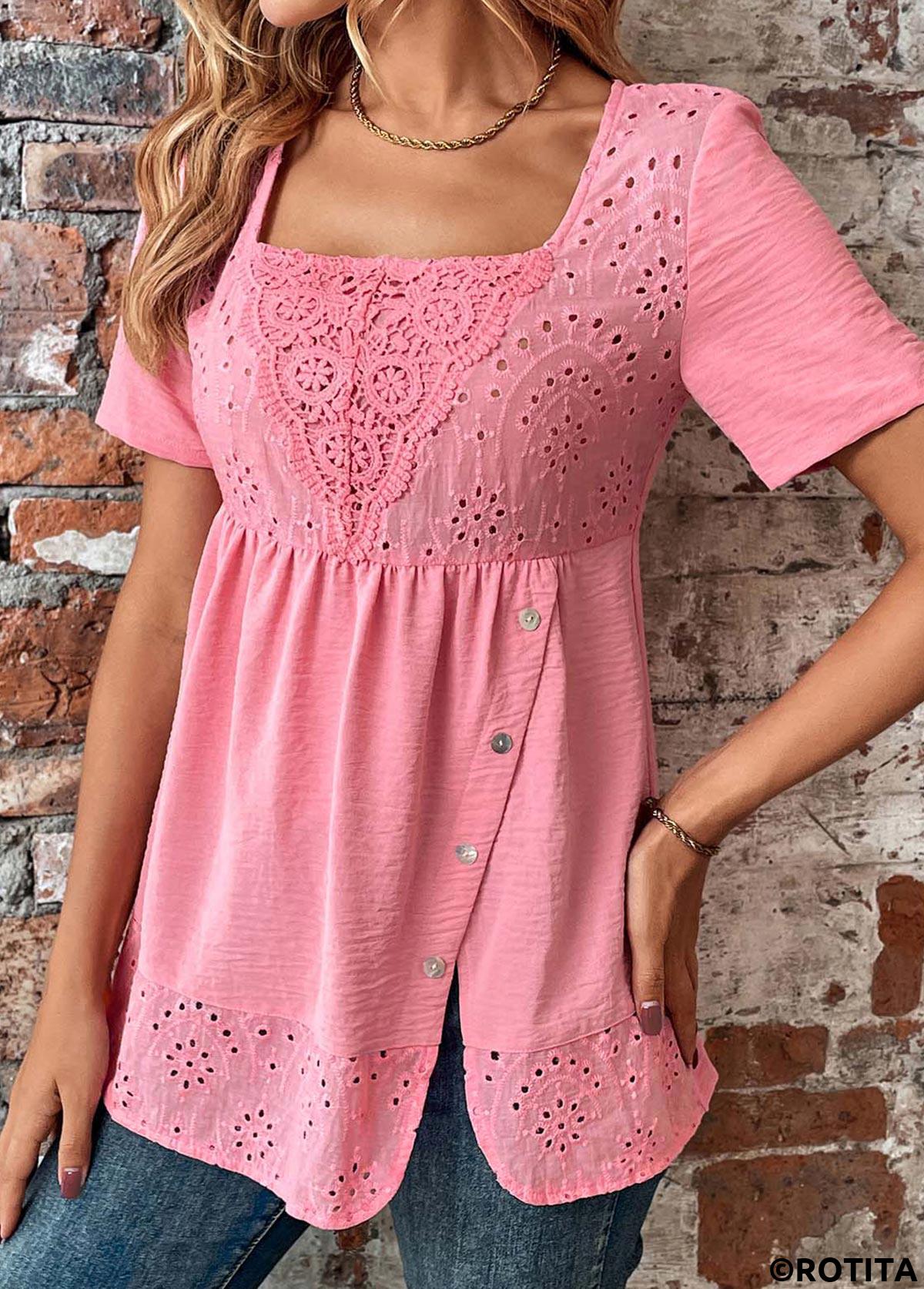 Pink tops,Plain Color tops,ROTITA Button Pink Square Neck Short Sleeve Blouse
